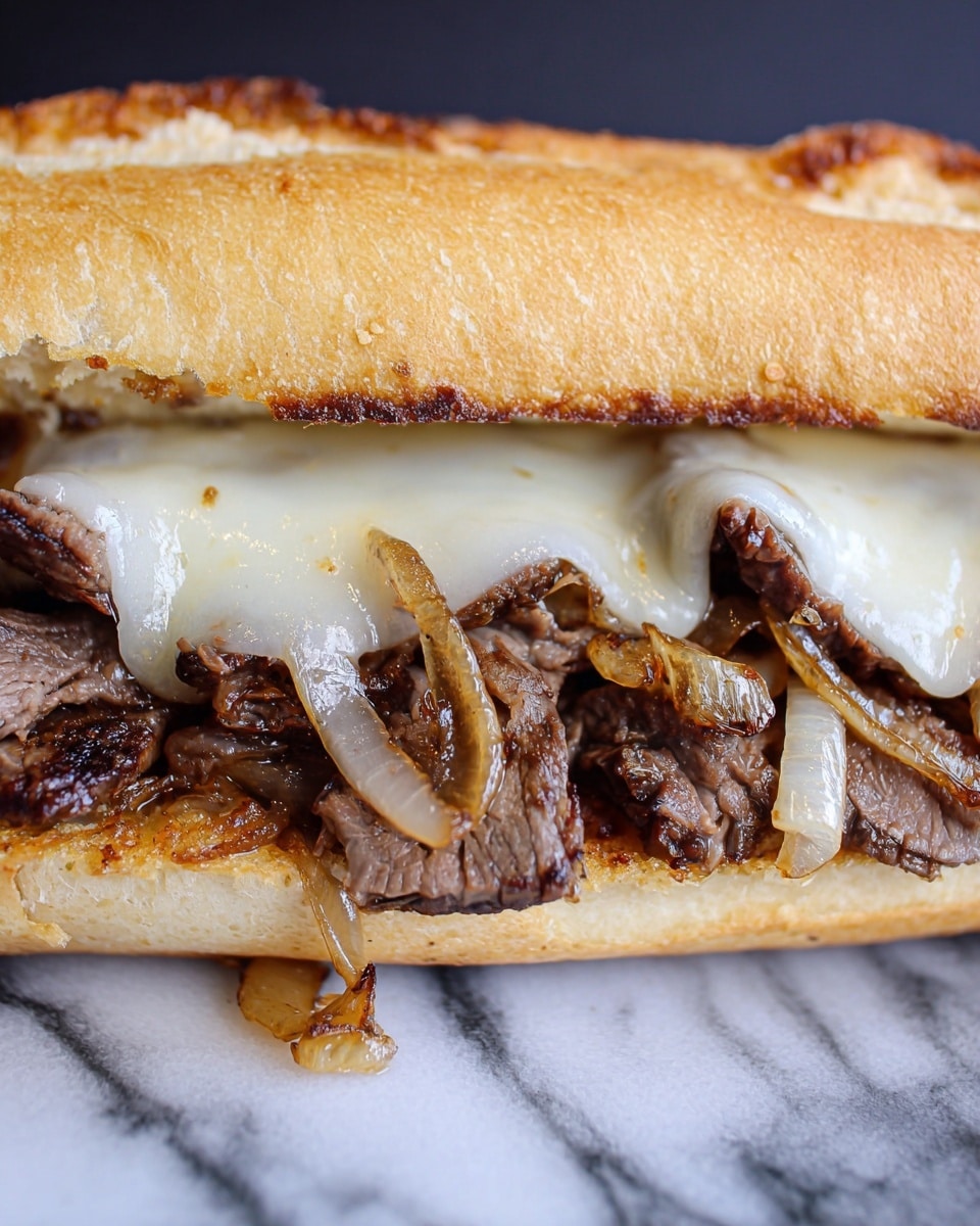 A close-up of a sandwich made with a golden toasted hoagie roll as the top and bottom layers, filled with sautéed browned onions and thin slices of cooked beef that have a slightly crispy edge, all topped by a layer of melted white cheese that covers the onions and beef softly, against a white marbled texture background. photo taken with an iphone --ar 4:5 --v 7