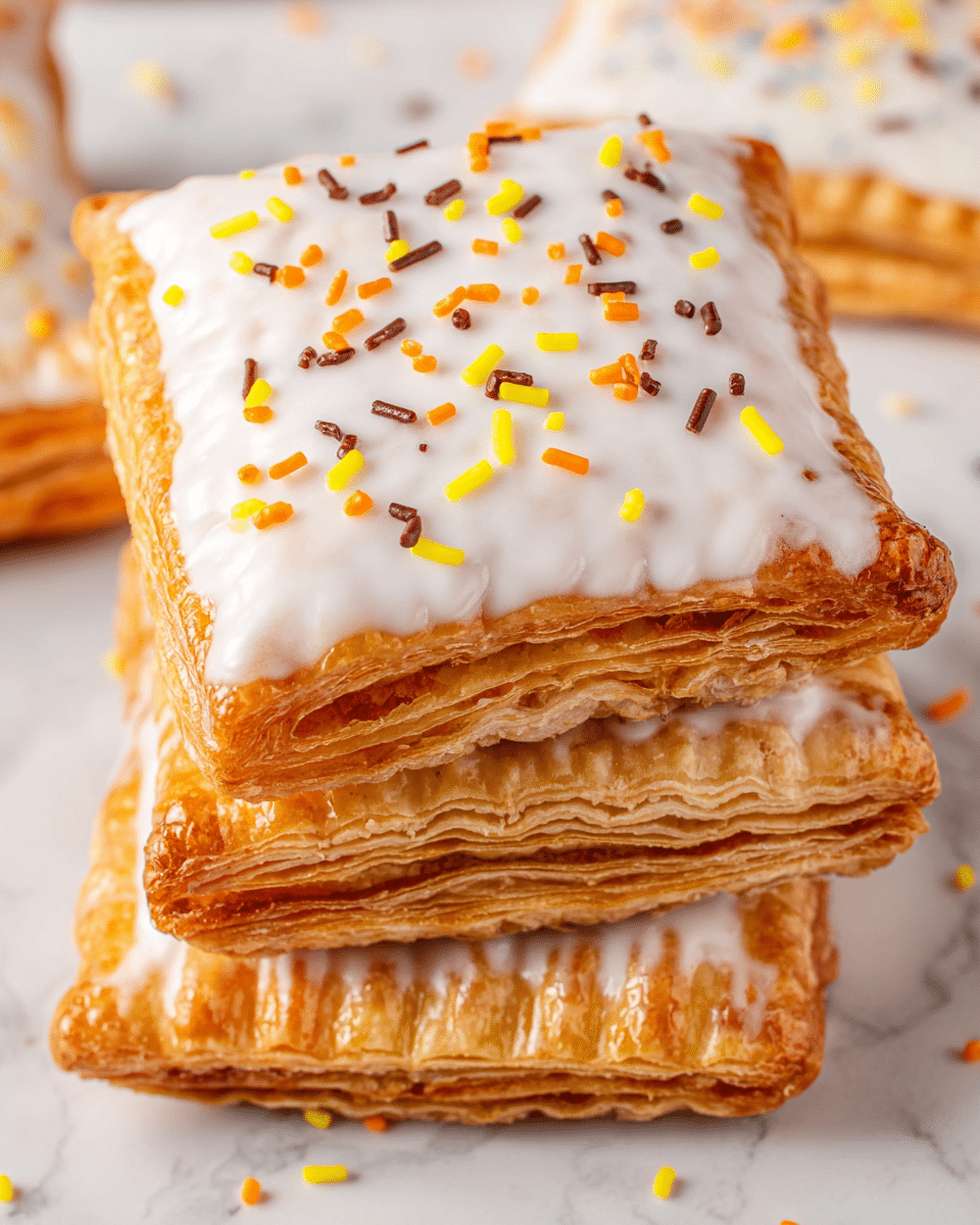 A stack of four square, golden brown pastries with a flaky texture, each layered neatly on top of the other, sits on a white marbled surface. The top pastry is covered with a thick layer of white icing, which is slightly cracked in places, and decorated with small, colorful sprinkles in yellow, orange, and chocolate brown. The edges of each pastry display a fork-tined pattern, enhancing the layered look. Photo taken with an iphone --ar 4:5 --v 7