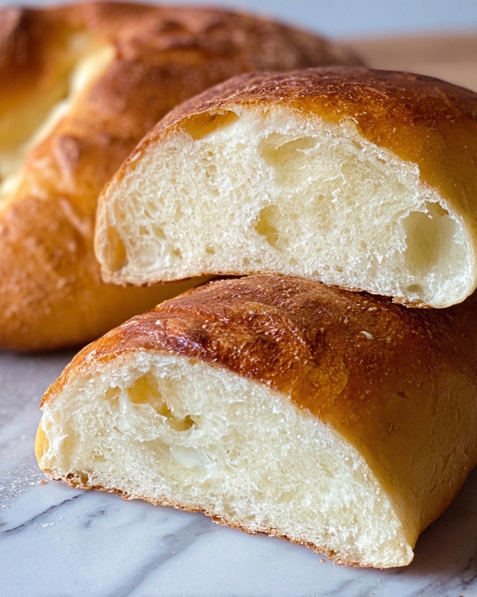 The image shows a close-up view of soft, freshly baked bread with a golden brown crust and a thick, airy white inside. The bread is shown in whole form and cut into halves, revealing its light and fluffy texture with small holes throughout. The crust looks slightly crispy and shiny, contrasting with the soft and spongy inside. The bread pieces are placed on a white marbled surface, with gentle natural light highlighting the warm colors and textures. Photo taken with an iphone --ar 4:5 --v 7