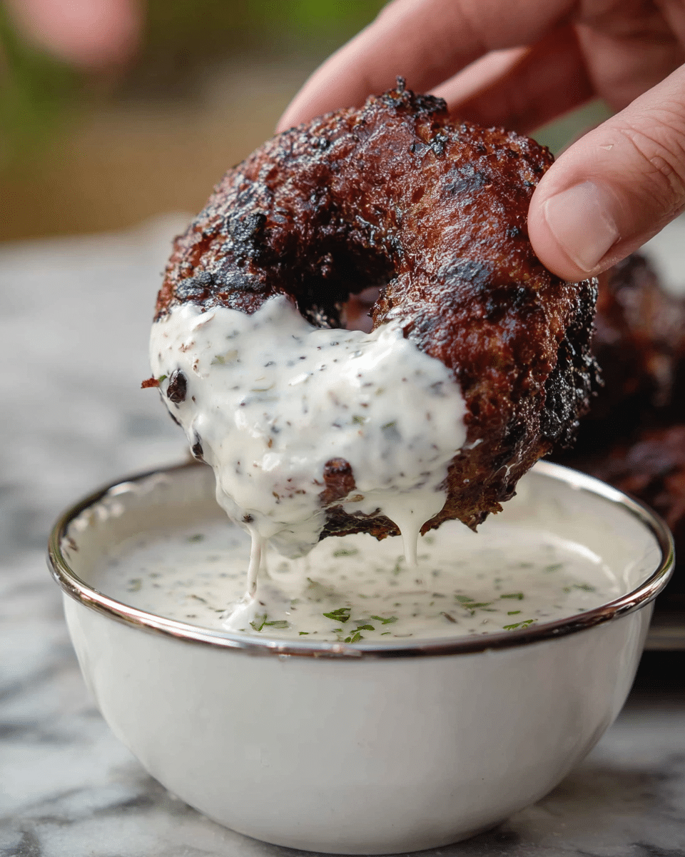 A close-up image shows a woman's hand holding a dark brown grilled donut-shaped meat with a crispy surface. The lower half of the meat is dipped in a thick white creamy sauce with green herb flecks, some sauce dripping down from the meat. The bowl containing the sauce is white with a silver rim and sits on a white marbled textured surface in soft focus. The background is softly blurred. photo taken with an iphone --ar 4:5 --v 7