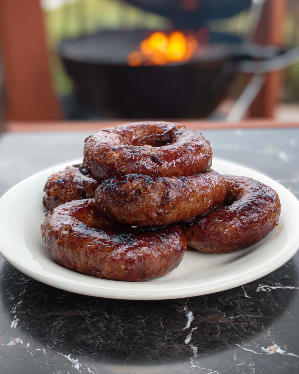 A white plate holds five dark brown, shiny, cooked sausage rings stacked in a loose pile, showing a textured, slightly rough surface with some crispy spots. The sausages have a rich, deep color with a glossy finish from cooking juices or glaze. The plate is on a white marbled surface with a blurred outdoor background featuring a grill with an open flame. photo taken with an iphone --ar 4:5 --v 7