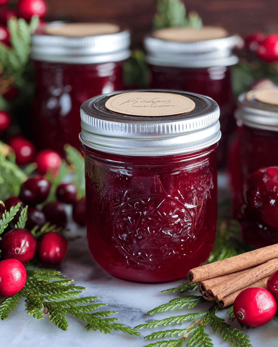 A close-up of a small clear glass jar filled with deep red jam showing a smooth, slightly textured surface inside, topped with a silver metal lid that has a beige label with handwritten content. The jar has an embossed decorative design on its glass body and is surrounded by fresh green pine leaves, bright red cranberries, and brown cinnamon sticks on a white marbled surface. More similar jars are blurred in the background among the scattered greenery and berries, giving a cozy, festive feel. Photo taken with an iphone --ar 4:5 --v 7