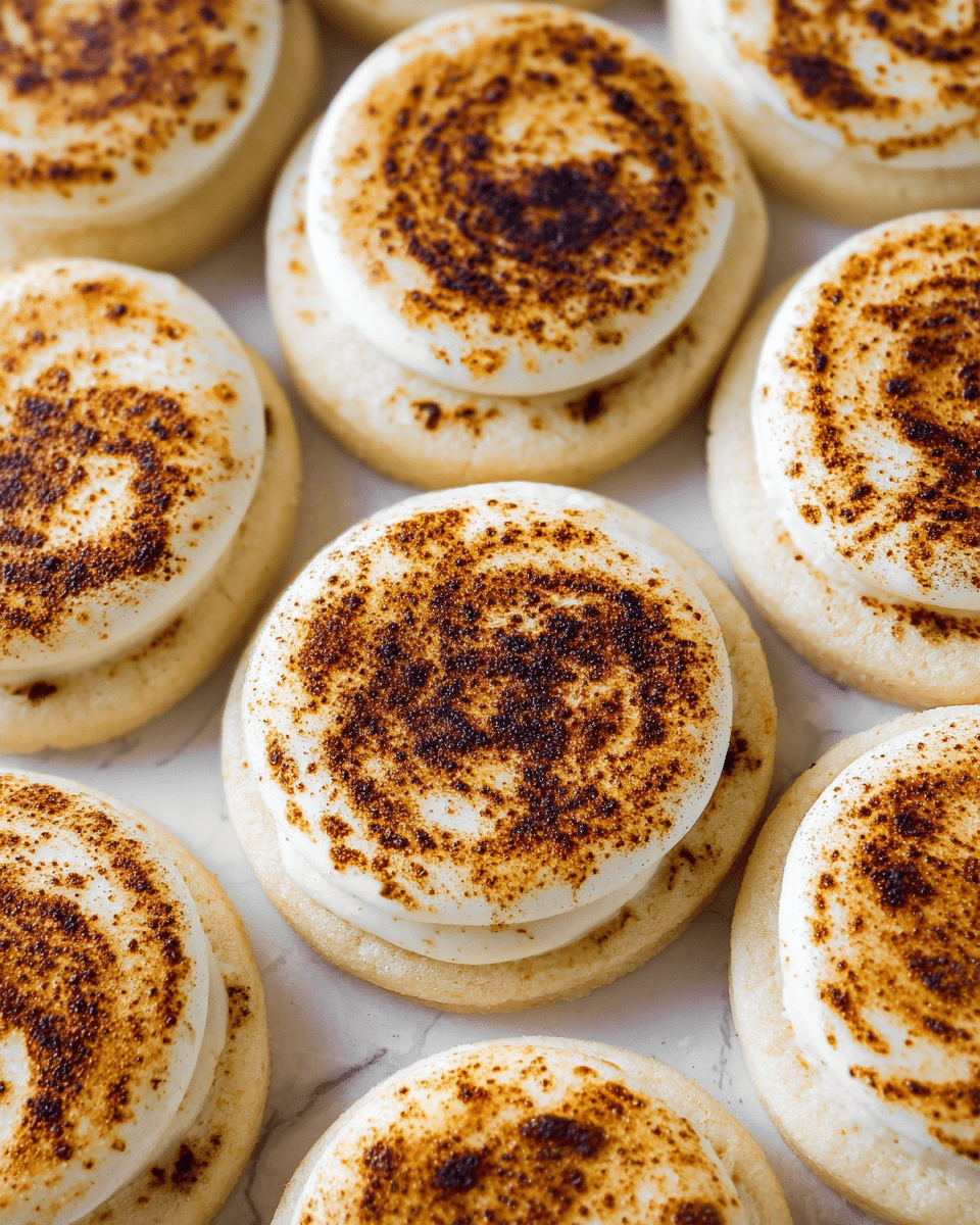 This image shows many round sugar cookies placed closely on a white marbled surface in a grid pattern. Each cookie has two layers: a lighter beige base with a smooth texture and a top layer of creamy white frosting, unevenly spread in a circular shape. The frosting is toasted with different shades of brown creating a swirled and slightly charred look, with small specks of darker brown scattered across the surface. The cookies appear soft and fluffy with a slightly raised edge around them. photo taken with an iphone --ar 4:5 --v 7