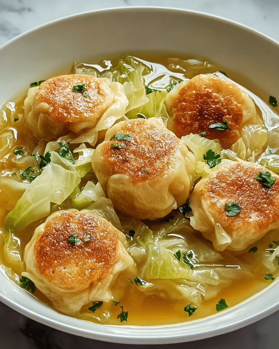 A white bowl filled with golden brown pan-fried dumplings floating in a clear broth with light green cooked cabbage leaves spread around and under the dumplings. The dumplings have a shiny, smooth surface with crispy browned tops and are topped with small pieces of chopped fresh green herbs. The broth is light amber, adding a warm tone to the dish, all set against a white marbled texture surface. photo taken with an iphone --ar 4:5 --v 7