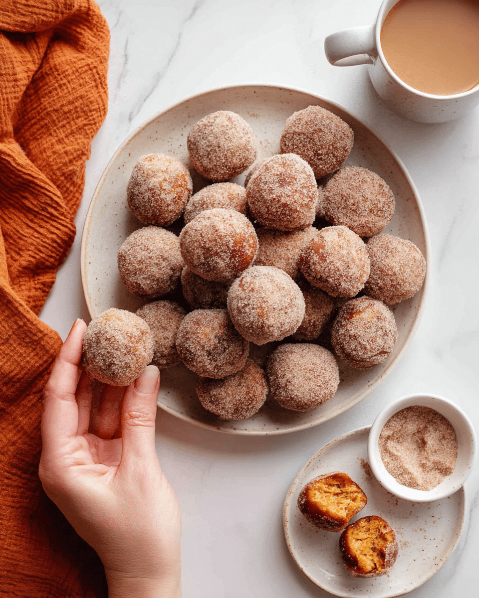 A large white plate filled with two layers of round doughnut holes coated in a light brown sugar and cinnamon mix, each doughnut hole showing a textured surface dusted evenly with the sugary topping; one doughnut hole is held by a woman's hand in the lower left corner, showing its full shape and coating, while in the lower right corner two doughnut holes rest on the white marbled surface, one whole and one broken to reveal a soft, moist, orange interior. A small white bowl with the sugar mixture is placed near the doughnut holes on the right side. At the top right, a white cup filled with light brown coffee sits, and at the top left, a white creamer with milk is visible next to a folded orange cloth. photo taken with an iphone --ar 4:5 --v 7