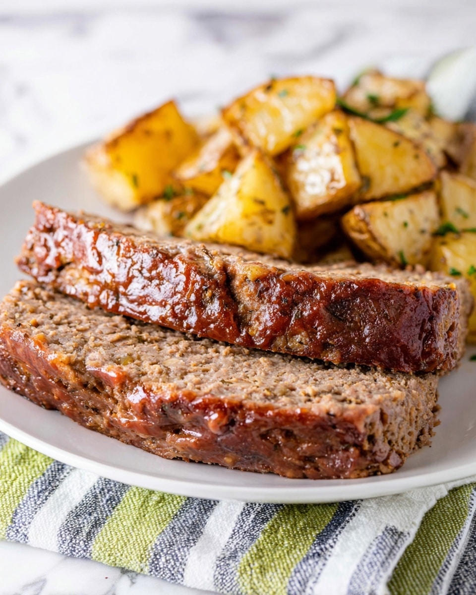 The image shows a white plate with two thick slices of brown meatloaf in the front, featuring a textured, moist interior and a glossy, slightly crispy outer layer. Behind the meatloaf, there are several pieces of golden roasted potatoes seasoned with herbs, showing a rough and slightly crispy texture. The plate sits on a folded cloth with green, white, and blue stripes, all set against a white marbled surface. Photo taken with an iphone --ar 4:5 --v 7