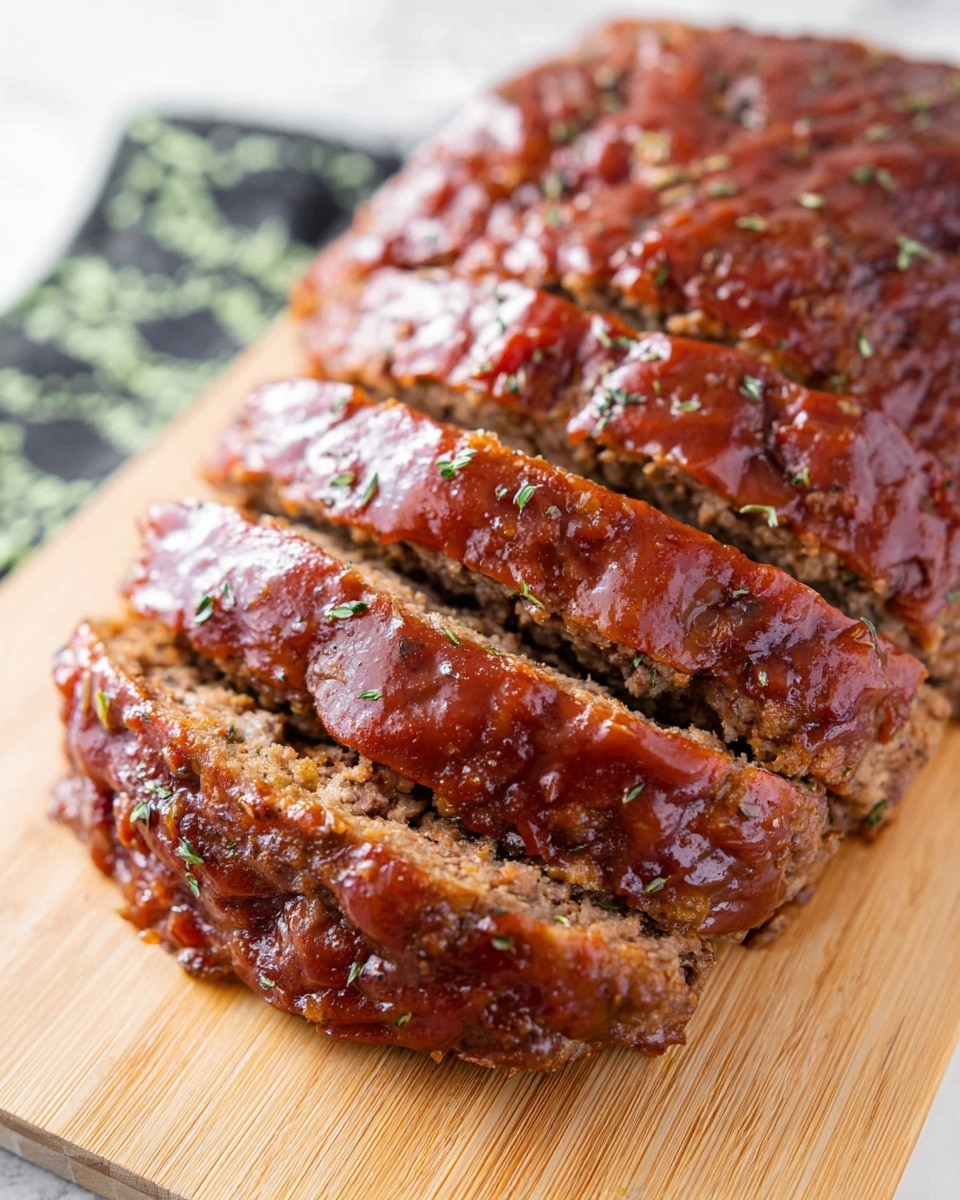 A sliced meatloaf is shown close up on a light wooden cutting board placed on a white marbled surface covered with a cloth that has green and black designs. The meatloaf has about six visible thick slices, with a shiny reddish-brown glaze spread evenly on top and some herbs sprinkled across the surface. The glaze looks smooth and slightly sticky, adding a glossy finish to the coarse texture of the cooked beef underneath, which has bits of darker and lighter brown throughout. Photo taken with an iphone --ar 4:5 --v 7