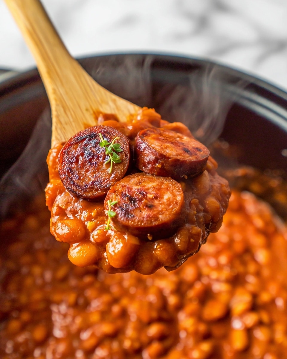 A close-up image shows a wooden spoon lifting a scoop of cooked baked beans mixed with thick, rich red-orange sauce. On top of the beans are three round slices of browned sausage with slightly charred edges, and a small piece of green herb garnish sits on one slice. Steam rises gently from the beans, indicating they are hot. The background shows more of the baked beans in a black pot, against a white marbled surface. photo taken with an iphone --ar 4:5 --v 7