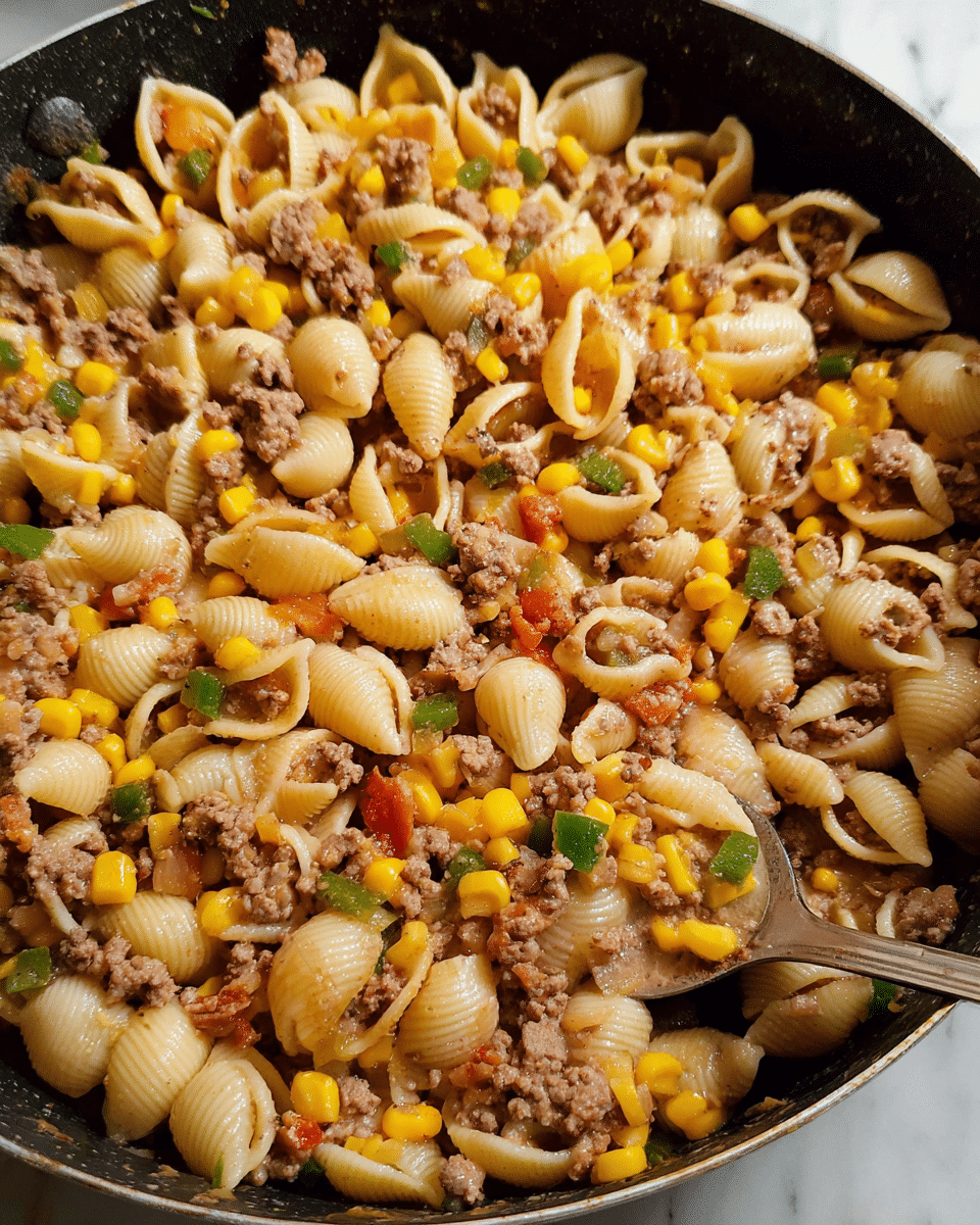 A close-up view of a pan filled with cooked shell pasta mixed with ground meat and bright yellow corn kernels. The pasta shells are light beige and look soft, while the ground meat is a light brown color, scattered evenly through the dish. Small pieces of green pepper and tiny bits of red tomato add slight color variation throughout. The dish looks warm and well-cooked with a mix of soft and slightly firm textures. A metal utensil is partially visible on the right side, resting in the pan. The background is a white marbled texture. photo taken with an iphone --ar 4:5 --v 7