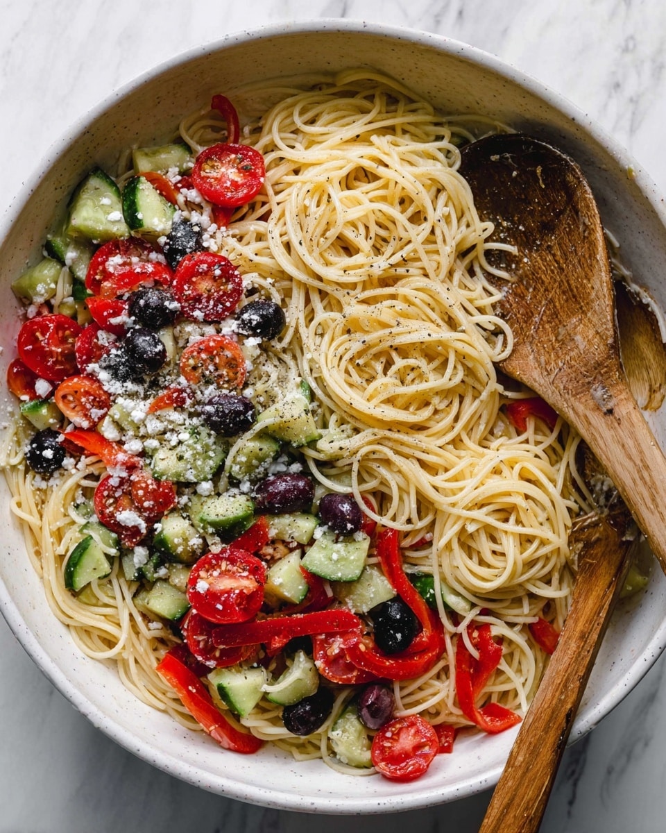 The image shows a white round bowl filled with a cold pasta salad. The dish has three main layers: at the bottom are light yellow spaghetti noodles, tangled and spread out. Mixed on top are bright chunks of green cucumber, red bell pepper, halved red cherry tomatoes, and black sliced olives. Specks of grated white cheese and black pepper are scattered over the salad. A wooden spoon with a worn texture rests on the right side of the bowl, partially inside the pasta. The bowl sits on a white marbled surface. photo taken with an iphone --ar 4:5 --v 7