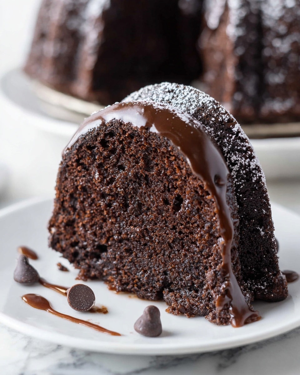 A close-up of a slice of chocolate bundt cake showing three layers: a moist dark brown cake with a slightly crumbly texture at the bottom, a smooth, glossy dark chocolate glaze in the middle dripping down the sides, and a light dusting of white powdered sugar on top. The slice sits on a white plate with two small chocolate chips at the front and some chocolate sauce drizzled near the base. In the blurred background, the whole chocolate bundt cake is visible on a white plate, all placed on a white marbled surface. Photo taken with an iphone --ar 4:5 --v 7