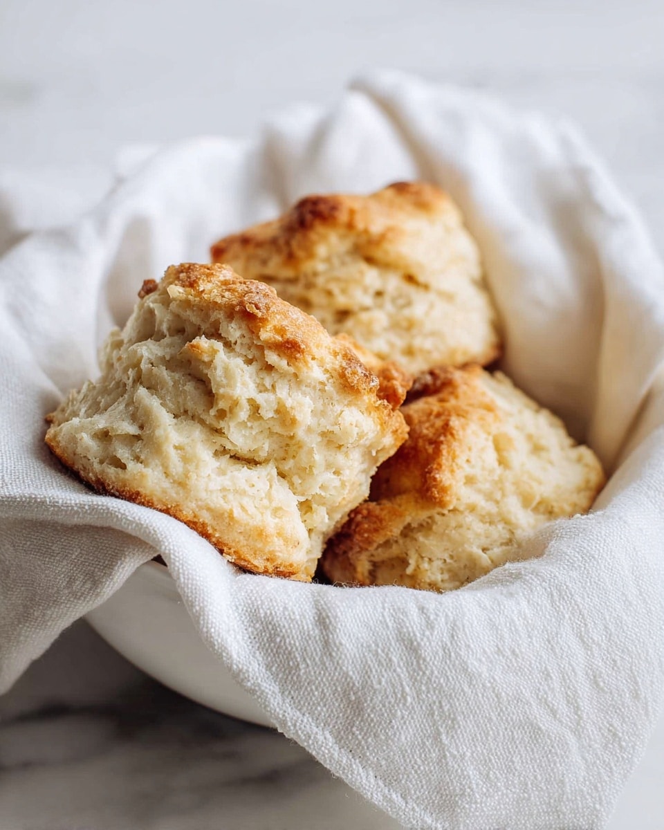 A square glass baking dish sits on a white marbled surface, filled with a golden-brown biscuit casserole that is divided into nine uneven sections. Each biscuit is thick and fluffy, with a slightly rough, cracked top that showcases a crisp, browned texture mostly on the edges and peaks, while the inner parts are softer and lighter in color. The biscuits rise above the rim of the clear dish, showing their thick and airy dough underneath the crust. The light in the image highlights the golden color and the soft, fluffy texture inside the biscuits, while a white cloth is softly seen in the background. Photo taken with an iphone --ar 4:5 --v 7