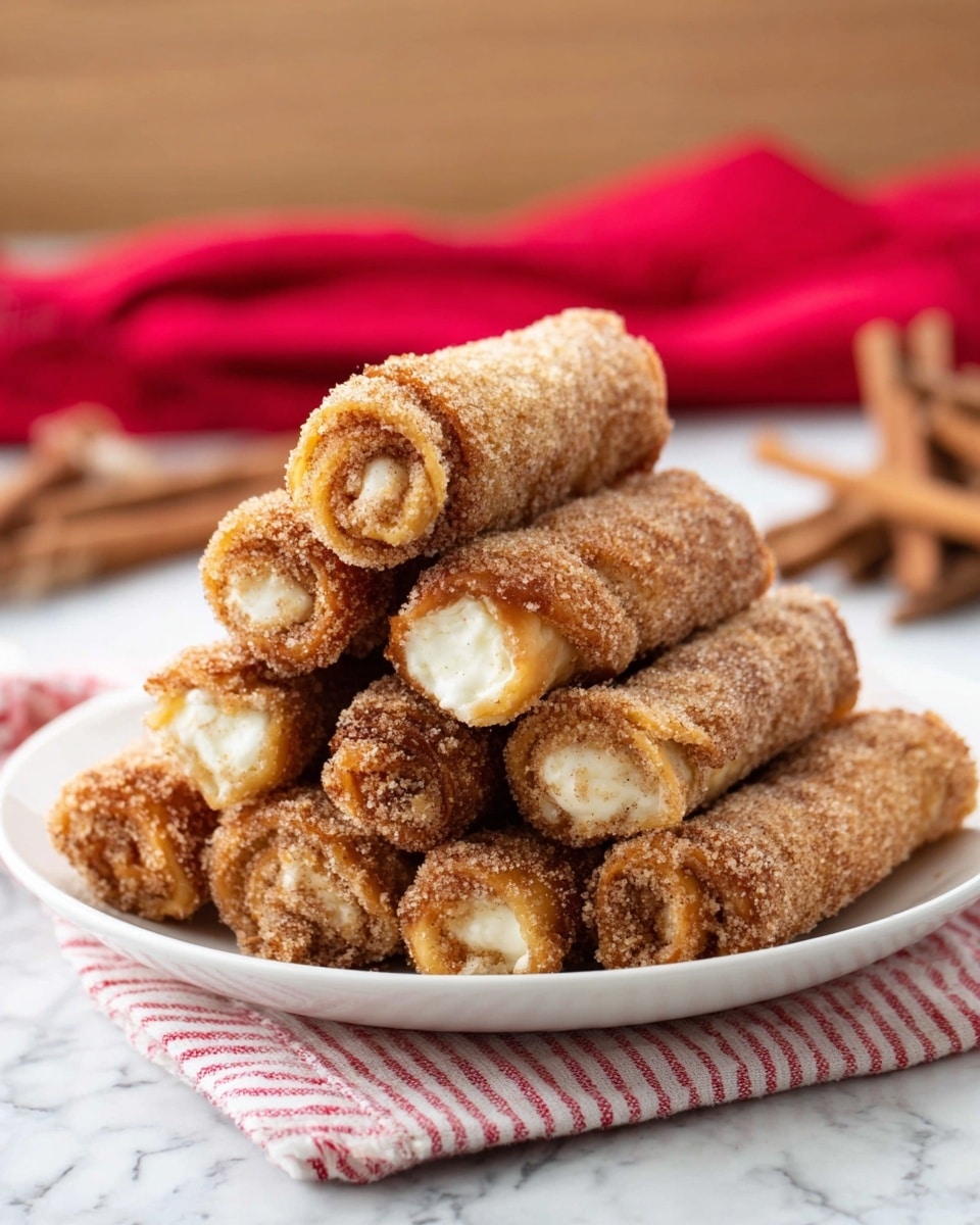 A stack of ten cinnamon sugar-coated pastry rolls is placed on a white plate. Each roll is golden brown, crispy on the outside with a rough, crumbly texture due to the cinnamon sugar coating. Inside, a creamy white filling peeks out from the ends of several rolls. The rolls are piled in a pyramid shape, showing some layers where the spirals of the dough are visible. The plate rests on a white marbled surface with a red and white striped cloth beneath it, and a blurred red cloth with cinnamon sticks in the background. Photo taken with an iphone --ar 4:5 --v 7