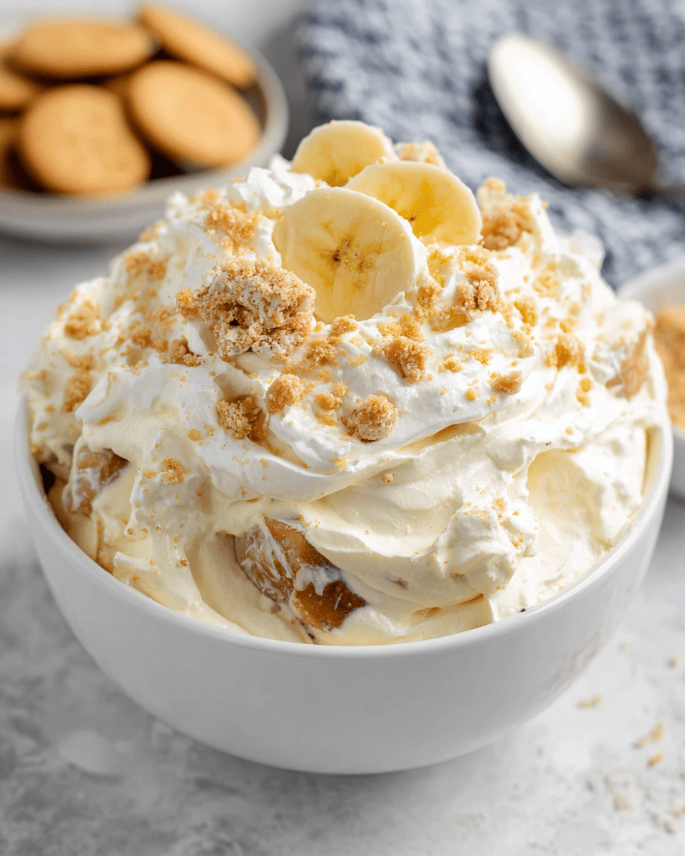 A white bowl filled with a creamy dessert that looks soft and fluffy. The dish has three main layers: the bottom layer is smooth and pale cream, the middle layer has chunks of light brown pieces mixed with thick white cream, and the top layer is topped with crumbled bits and two thin banana slices that are yellow with a little brown center. The texture shows whipped cream mixed with banana pieces and crunchy bits giving it a rich, uneven surface. The bowl sits on a white marbled texture with a blurred spoon and a bowl of light brown cookies in the background. Photo taken with an iphone --ar 4:5 --v 7