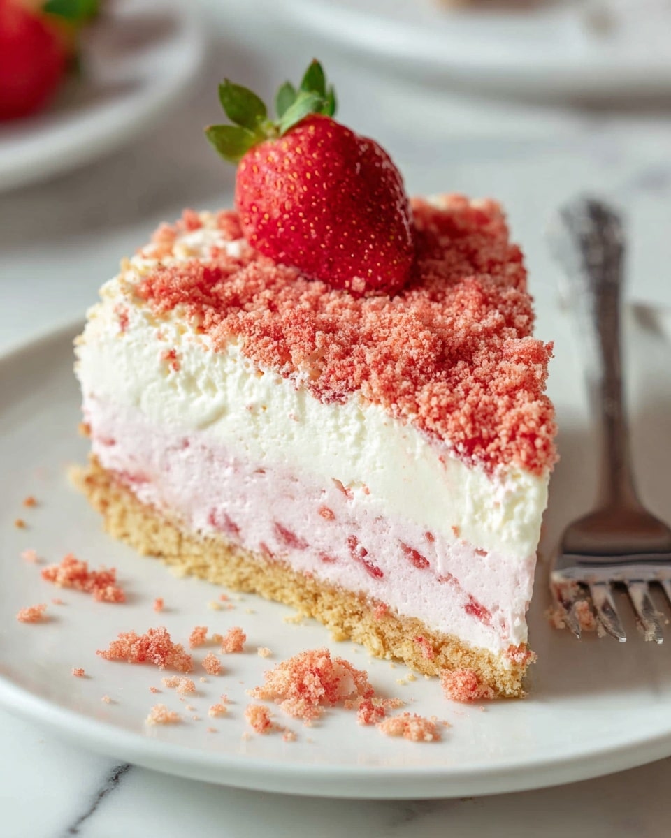 A slice of cake with four layers is shown on a white plate on a white marbled surface. The bottom layer is a light brown biscuit crust. Above it is a pink creamy layer with some red specks inside. The third layer is a thick, smooth, white cream. The top is covered with light red crumbly bits, and there is a fresh red strawberry with its green leaf on top. A silver fork is placed behind the slice, slightly out of focus. Some crumbs are scattered on the plate and surface around the slice. photo taken with an iphone --ar 4:5 --v 7