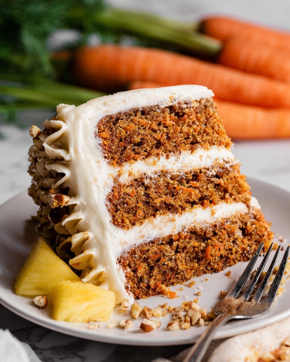 A close-up of a three-layer carrot cake slice on a white plate with creamy white frosting between each moist, orange-brown cake layer. The frosting also covers the outside edges of the cake with a textured, piped design on the left side. Small pieces of chopped nuts are scattered around the base on the plate, along with a yellow pineapple chunk. In the background, out of focus, are fresh orange carrots with green tops on a white marbled surface. A silver fork with some cake crumbs is placed next to the slice. Photo taken with an iphone --ar 4:5 --v 7