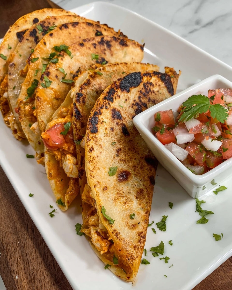 A white plate with a black and white checkered pattern holds three tacos stacked slightly overlapping. The bottom taco is a light golden tortilla with dark browned spots, showing a crispy texture. The middle taco is thick and golden brown with a slightly rough texture and some char marks. The top taco has a crispy orange crust with a mix of diced white onions, green peppers, red tomatoes, and fresh green cilantro leaves inside and on top. To the side is a small white square bowl filled with the same diced onion, tomato, and green pepper mixture, garnished with cilantro. Three lime wedges with a bright green color sit next to the bowl on the plate. All is placed on a white marbled texture surface. photo taken with an iphone --ar 4:5 --v 7