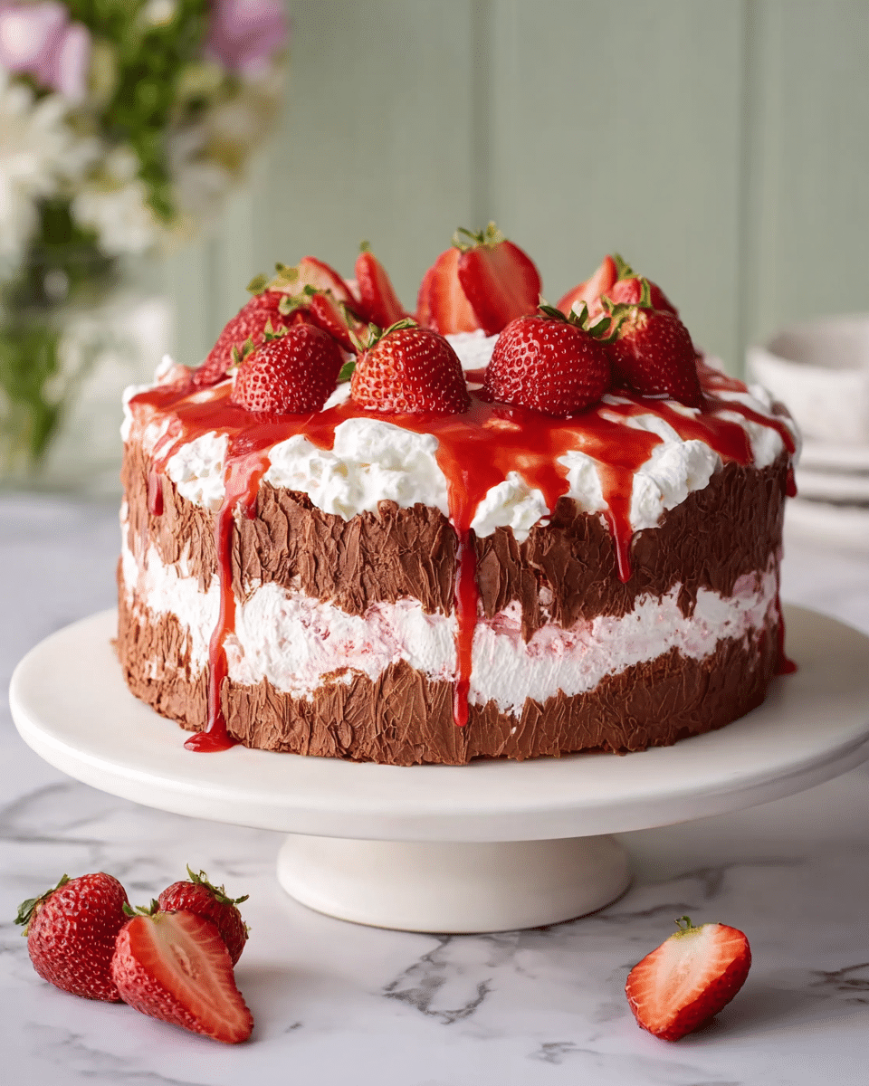 A round cake with three visible layers sits on a white cake stand; the bottom thick layer is light pink and fluffy, the middle layer is thick white cream, and the top layer features a bright red strawberry sauce dripping down the side with fresh strawberry halves arranged on top. In front, a slice of the cake rests on a white plate, showing the pink sponge layer inside, topped with a dollop of white cream and a few sliced strawberries on the side. A silver fork holds a small piece of the pink cake on the plate. The setting has a white marbled surface and a soft light. photo taken with an iphone --ar 4:5 --v 7