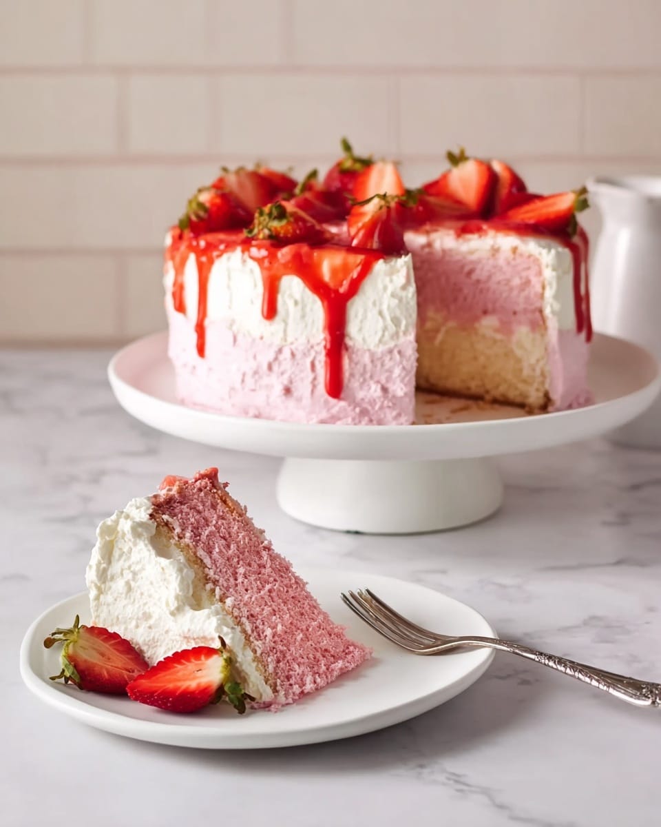A round cake with three clear layers sits on a white cake stand with a white marbled surface underneath. The bottom and sides are chocolate-brown in color with a rough texture, showing some pink bits inside that suggest strawberry pieces. On top, there is a thick layer of white whipped cream, unevenly spread, with bright red glossy strawberry sauce dripping down one side. The top is decorated with whole and sliced fresh strawberries arranged around the edge. Three whole strawberries lie on the white marbled surface next to the cake stand. In the blurred background, there is a soft green and white setting with flowers in a clear vase. Photo taken with an iphone --ar 4:5 --v 7