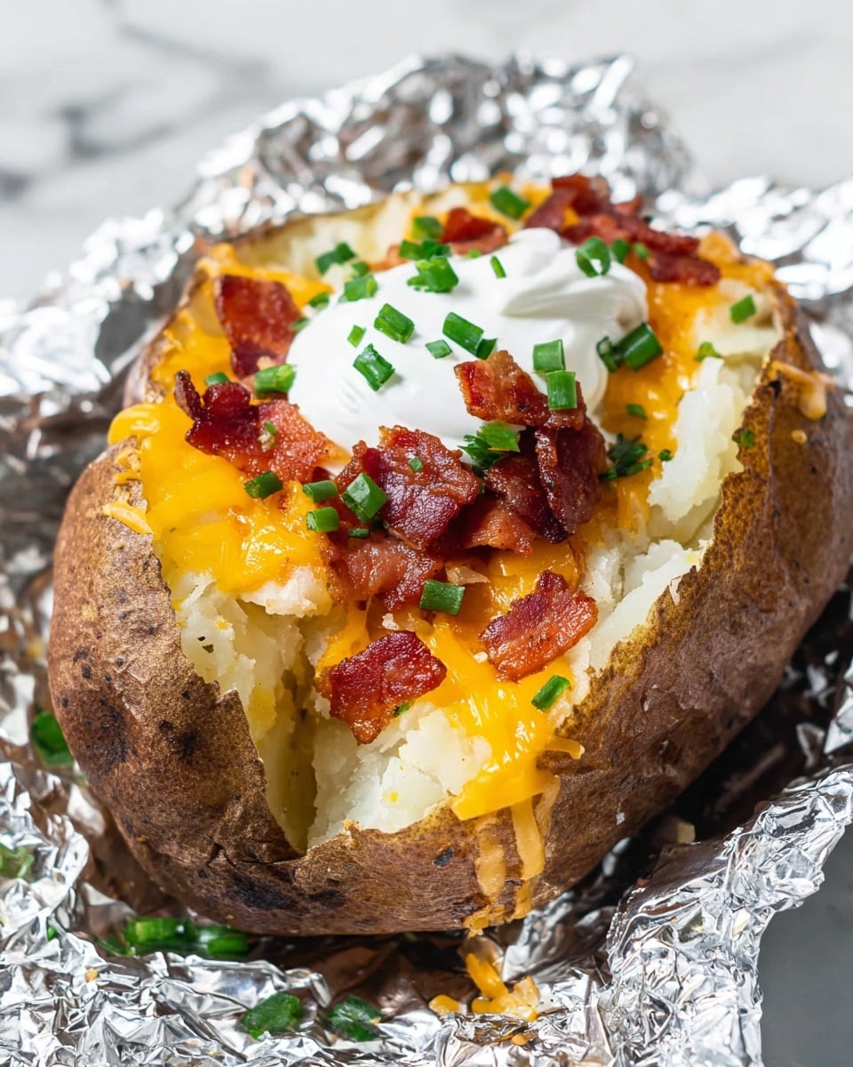 A baked potato with a dark brown crispy skin is wrapped in crumpled aluminum foil on a white marbled surface. The potato is split open, revealing a soft, fluffy pale yellow interior filled with melted bright orange cheddar cheese that spills slightly over the edges. Scattered on top are small, crispy pieces of reddish-brown bacon and a dollop of smooth white sour cream in the middle. Green chopped chives are sprinkled over the sour cream and bacon, adding a touch of fresh color. Photo taken with an iphone --ar 4:5 --v 7