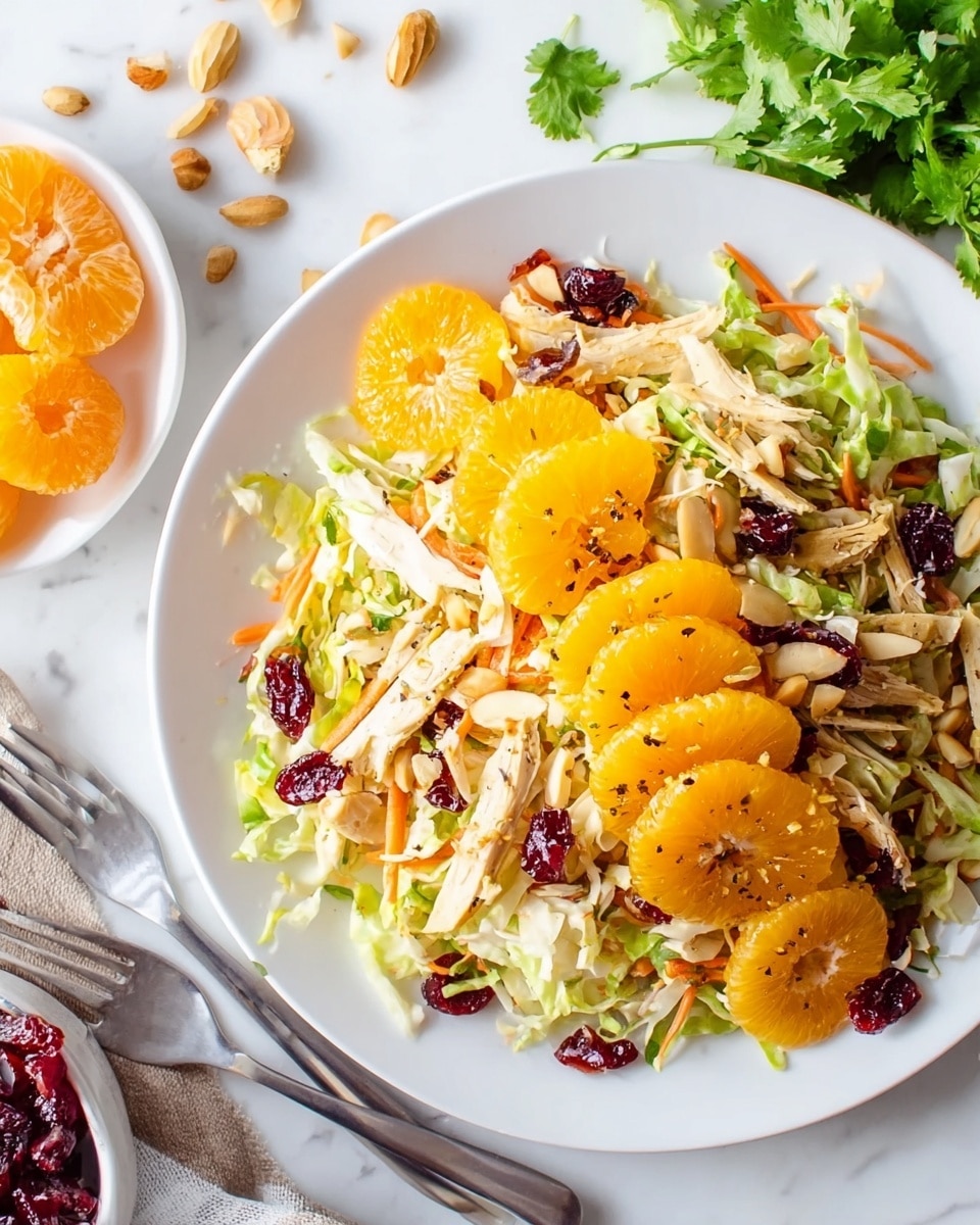A white plate holds a colorful salad made of multiple layers: the base layer is shredded light green cabbage mixed with thin carrot strips, followed by bright orange mandarin slices placed evenly on top. Scattered around are dried dark red cranberries and light tan almond slices, adding texture and contrast. There are also small green herbs and shredded chicken mixed throughout, with a sprinkle of black pepper visible on the surface. The plate sits on a white marbled background, with a fork to the right and some fresh cilantro nearby. photo taken with an iphone --ar 4:5 --v 7