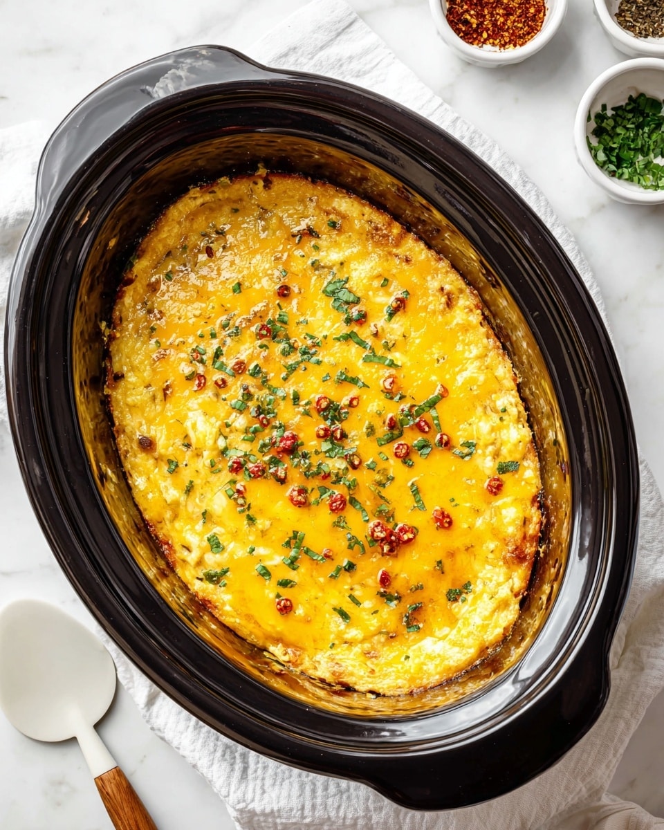 The image shows a baked cheesy dish inside a shiny black slow cooker. The dish has one main layer covered in melted yellow cheddar cheese, with a slightly browned crust around the edges. On top of the cheese, there are small green herb pieces scattered evenly, along with some red chili flakes and coarse salt. The slow cooker sits on a white cloth on a white marbled surface, and next to it is a white utensil with a wooden handle. In the background, there are small white bowls containing spices. photo taken with an iphone --ar 4:5 --v 7