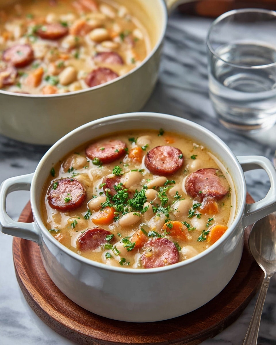 A white soup bowl with handles is filled with a thick soup containing creamy beige broth layered with slices of reddish-brown sausage, small white beans, and diced orange carrots, topped with finely chopped green herbs in the center. The bowl sits on a round wooden board placed on a white marbled surface. Behind it, there is a larger white soup bowl with similar contents, out of focus, and a clear glass of water along with a silver spoon resting on the surface next to the soup bowl. Photo taken with an iphone --ar 4:5 --v 7