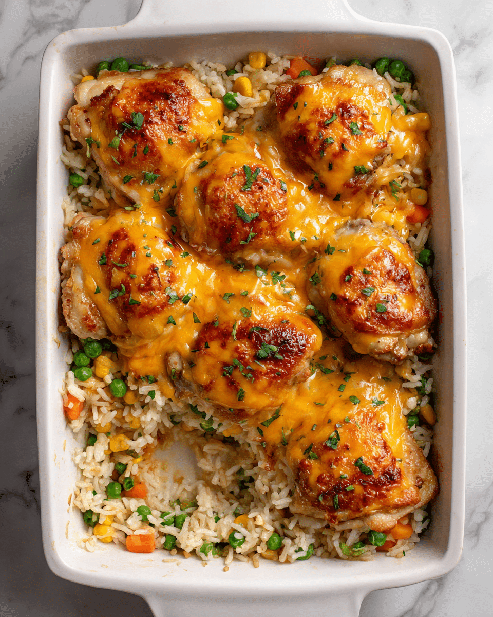 A white baking dish filled with a layered casserole, showing a base layer of cooked white rice mixed with small pieces of green peas, orange carrots, yellow corn, and diced onions. On top of the rice mixture are multiple pieces of cooked chicken thighs with a light brown color, each covered with a thick layer of melted orange cheddar cheese that appears glossy and slightly browned in spots. The casserole has been cut into, revealing the soft rice and vegetable mixture underneath the chicken and cheese layers. The whole dish sits on a white marbled surface. photo taken with an iphone --ar 4:5 --v 7