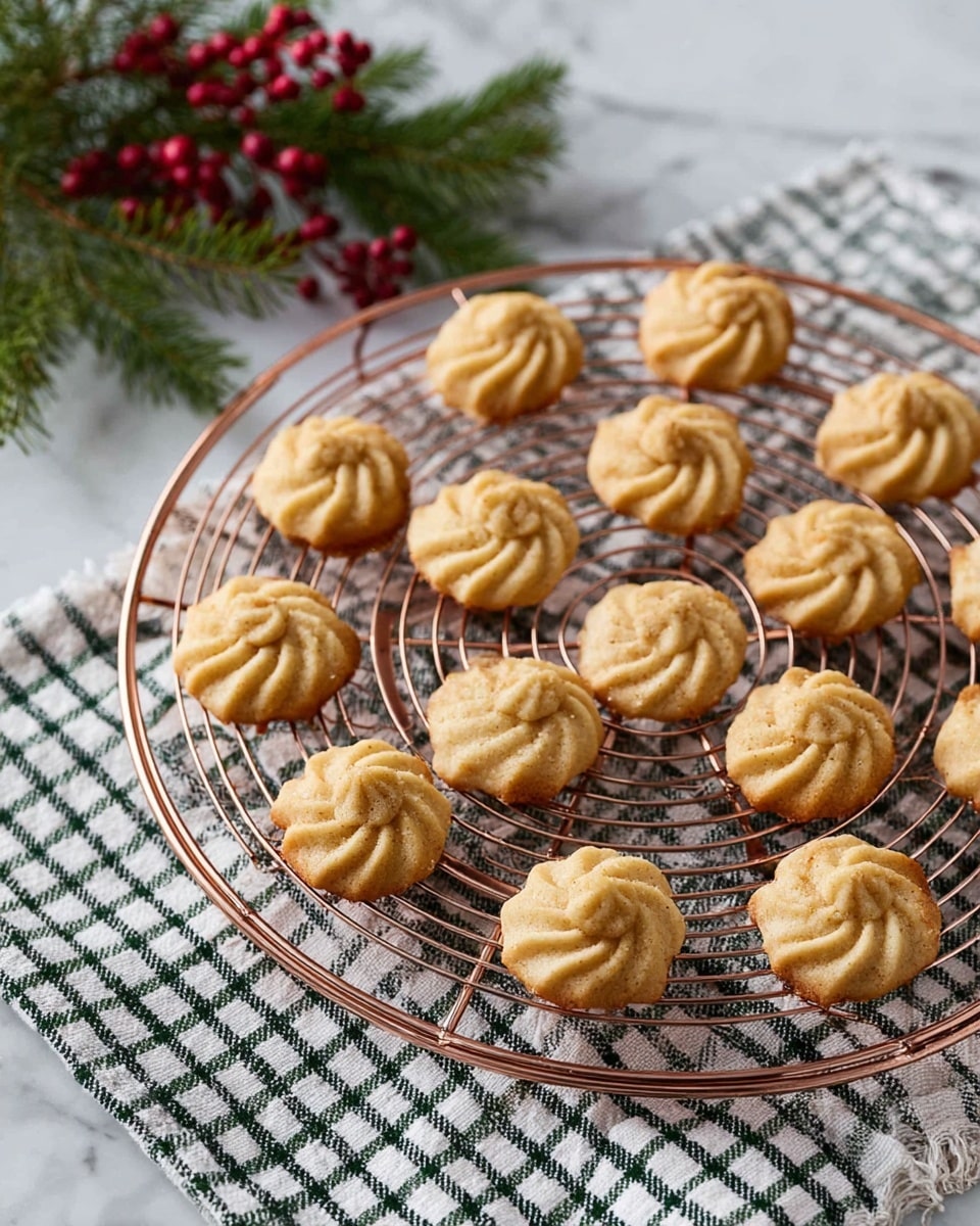 A round rose gold wire cooling rack holds twelve butter cookies, each with a light golden color and a swirled, ridged texture. The cookies are evenly spaced across the round rack, which rests on a white cloth with green and black checkered lines. In the background, sprigs of red berries and green pine needles add subtle festive touches, all set against a white marbled surface. photo taken with an iphone --ar 4:5 --v 7