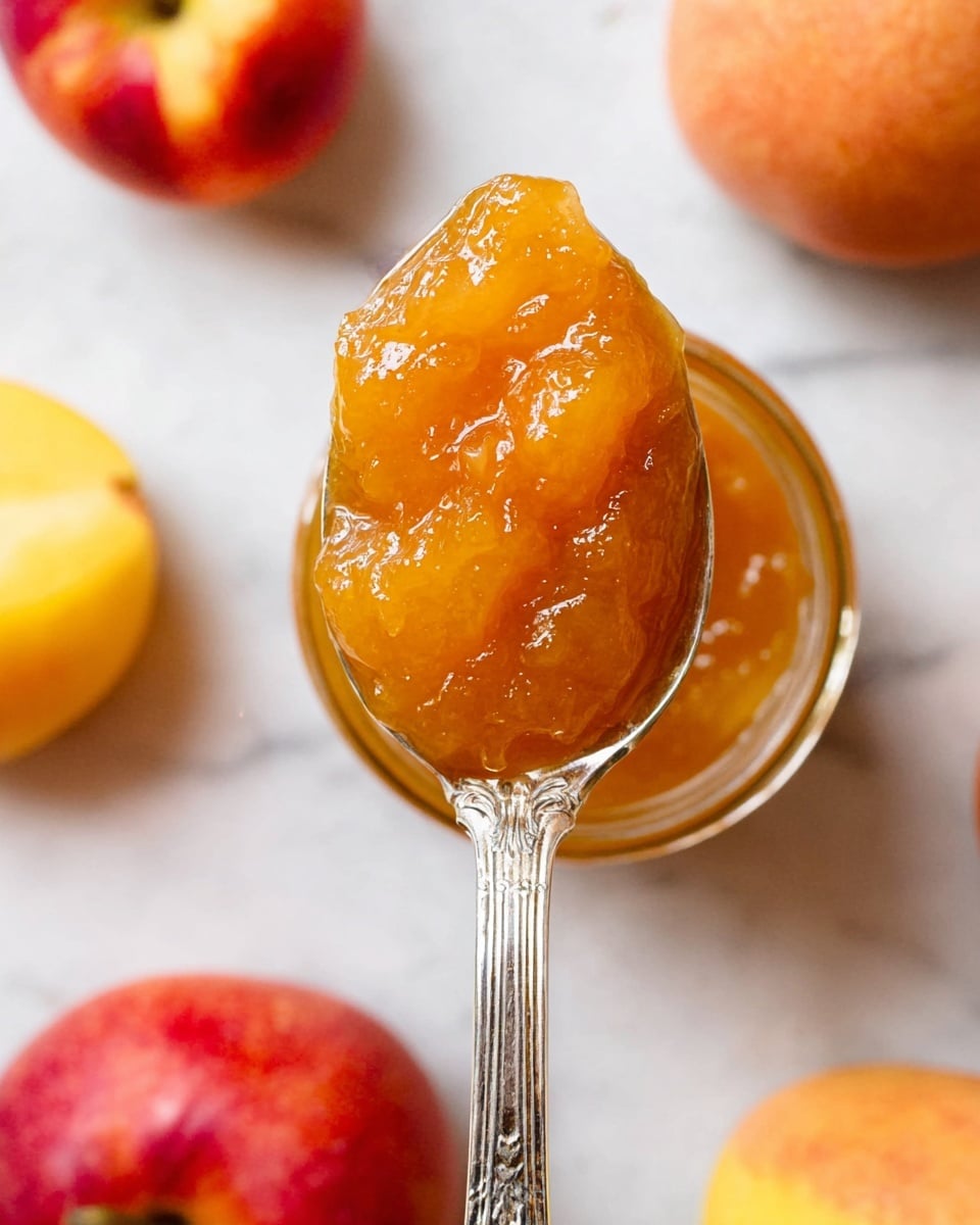 A close-up view of a silver spoon filled with thick, shiny, orange-yellow apple jam that has a chunky texture. Around the spoon, there are pieces of fresh apples in red, yellow, and orange shades, and a glass jar partly visible, filled with the same apple jam. The whole scene is set on a white marbled surface that adds a clean and bright look to the image. photo taken with an iphone --ar 4:5 --v 7