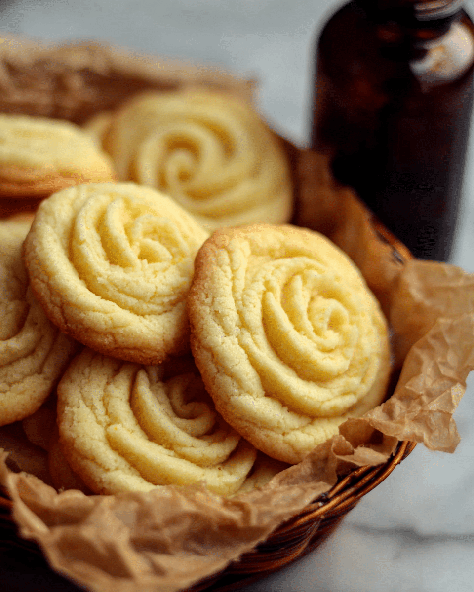 A basket filled with round, swirled butter cookies that are light golden brown on the edges and creamy yellow in the center, with a textured, ridged spiral pattern on top. The cookies are stacked in layers, resting on crinkled light brown parchment paper inside the basket. The background shows a blurred dark brown bottle on a white marbled surface. Photo taken with an iphone --ar 4:5 --v 7
