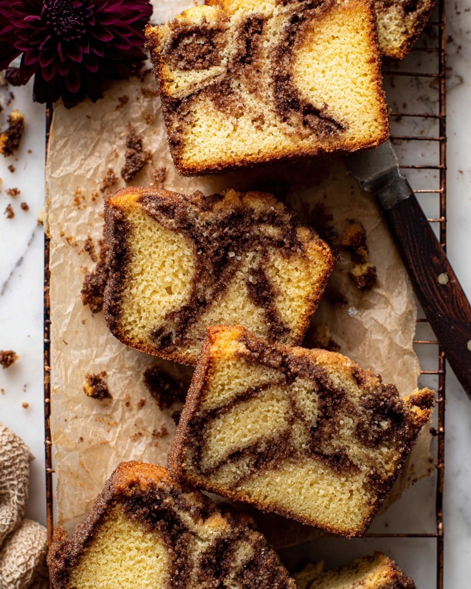 This image shows several slices of cinnamon swirl cake placed on parchment paper over a cooling rack. Each cake slice has two main layers: a soft golden-yellow cake base with a moist texture, and a dark brown cinnamon-sugar swirl running through the center and around the edges, creating a marbled effect. The cake edges are slightly crisp and caramelized. Crumbs are scattered around the slices, adding a crumbly texture detail. A dark wooden-handled knife lies beneath one slice, and a single dark red flower is visible in the top left corner. The scene is set on a white marbled surface. photo taken with an iphone --ar 4:5 --v 7