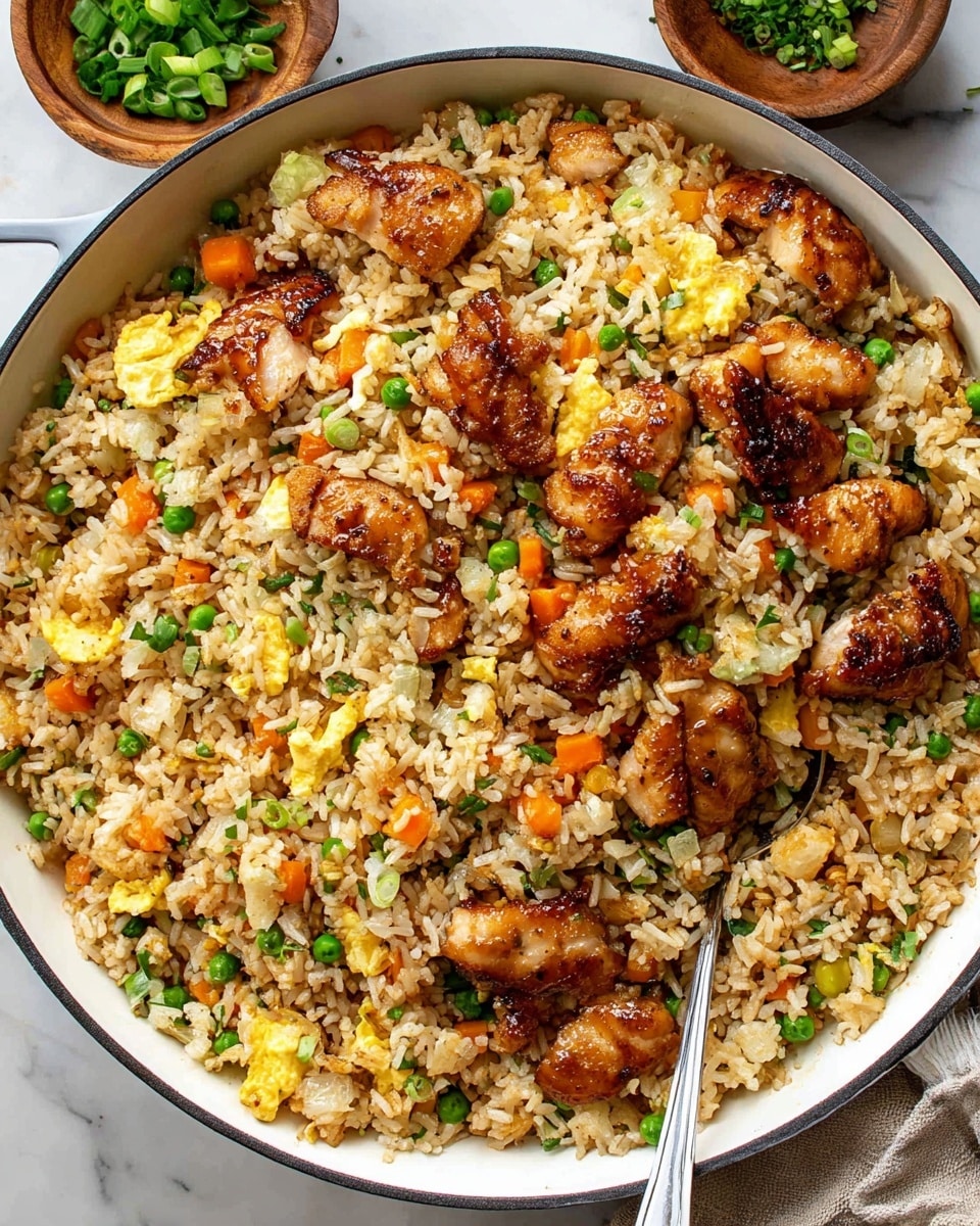 The image shows a large white pan filled with fried rice that has several layers of different colors and textures. The main base is light brown cooked rice mixed with small green peas and orange carrot cubes scattered evenly. There are bright yellow scrambled egg pieces mixed throughout the rice, adding a soft texture. On top, there are medium-sized pieces of browned chicken with a shiny glaze, giving a crispy look. A silver spoon is partially buried inside the rice. The pan sits on a white marbled surface with a small wooden bowl of chopped green onions and some parsley in the background. Photo taken with an iphone --ar 4:5 --v 7