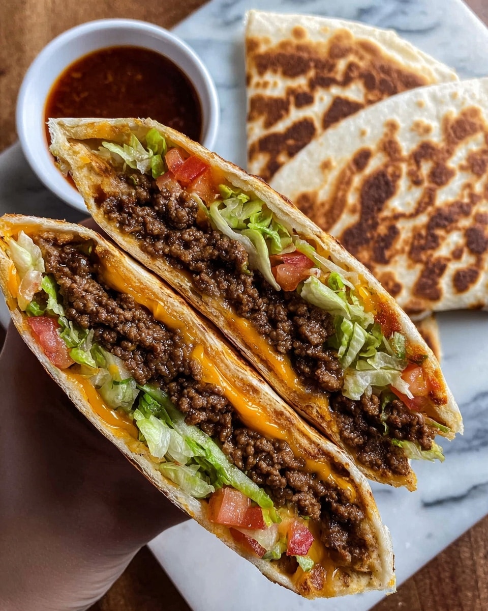 A close-up of two halves of a folded, toasted flatbread sandwich held by a woman's hand, showing four distinct layers inside: the outer flatbread shell with a light golden toasted texture, a layer of melted orange cheese, a thick layer of cooked ground beef with a dark brown color, a fresh layer of chopped green lettuce mixed with small pieces of red tomato, and a thin spread of sauce visible near the edges; next to the sandwich are two whole folded flatbreads with a similar golden toasted pattern on a white marbled surface, accompanied by a small white bowl of dark red dipping sauce. photo taken with an iphone --ar 4:5 --v 7