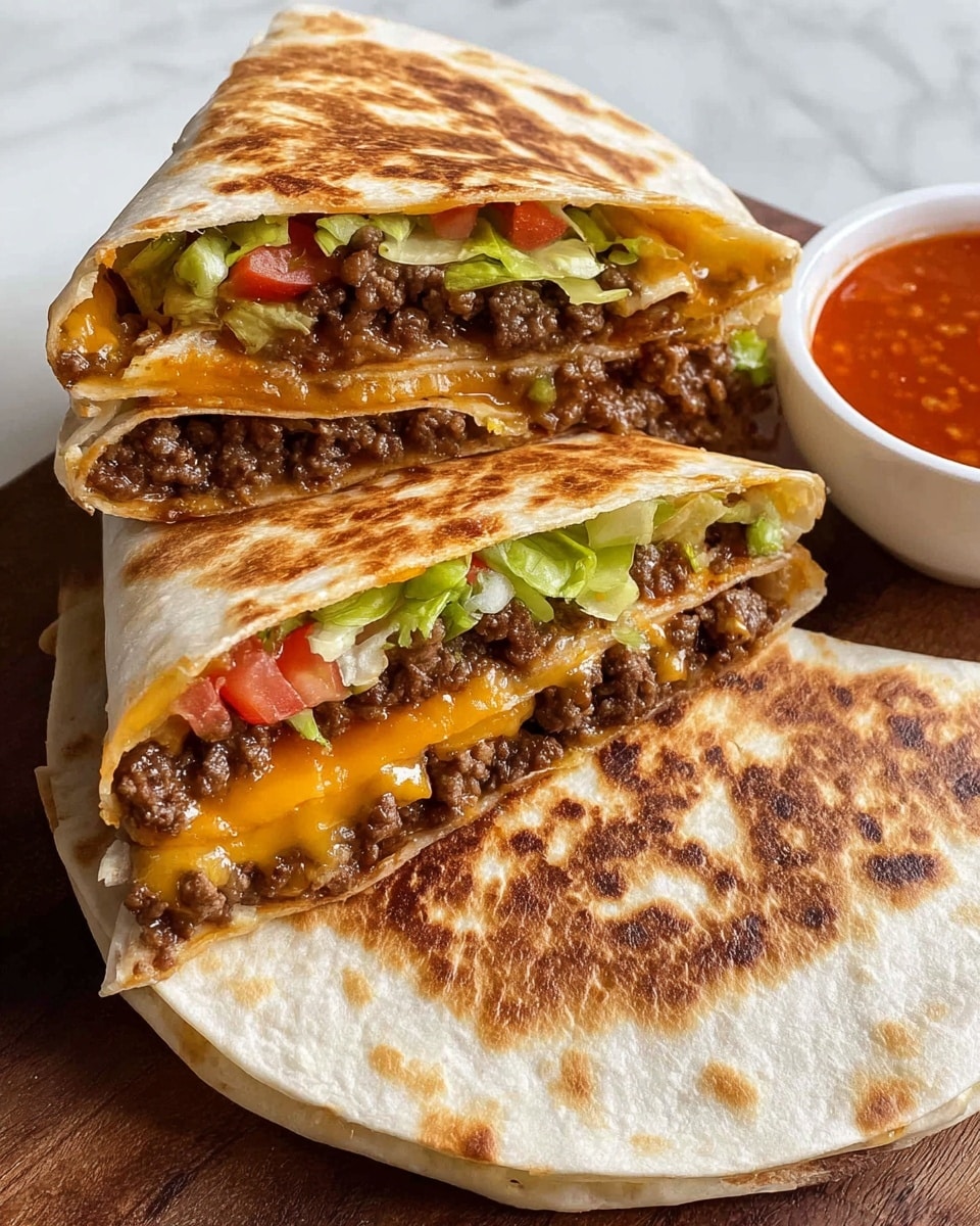 Two grilled quesadillas with golden brown spots, one cut in half showing three layers from top to bottom: melted orange cheddar cheese, browned ground beef, and a mix of green lettuce with small diced red tomatoes, all inside lightly toasted fast-food style tortillas. The halves rest on top of a whole, uncut quesadilla on a white marbled surface. A small white bowl of smooth, rich red salsa sits beside them. photo taken with an iphone --ar 4:5 --v 7