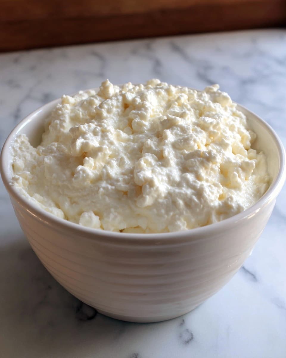A close-up view of a white bowl filled with a thick, lumpy, creamy mixture that has small chunks throughout, suggesting a cottage cheese or similar dairy dish. The bowl is placed on a surface with a white marbled texture. The texture of the mixture is soft and slightly uneven, showing mixed curds with creamy parts on top. Photo taken with an iphone --ar 4:5 --v 7
