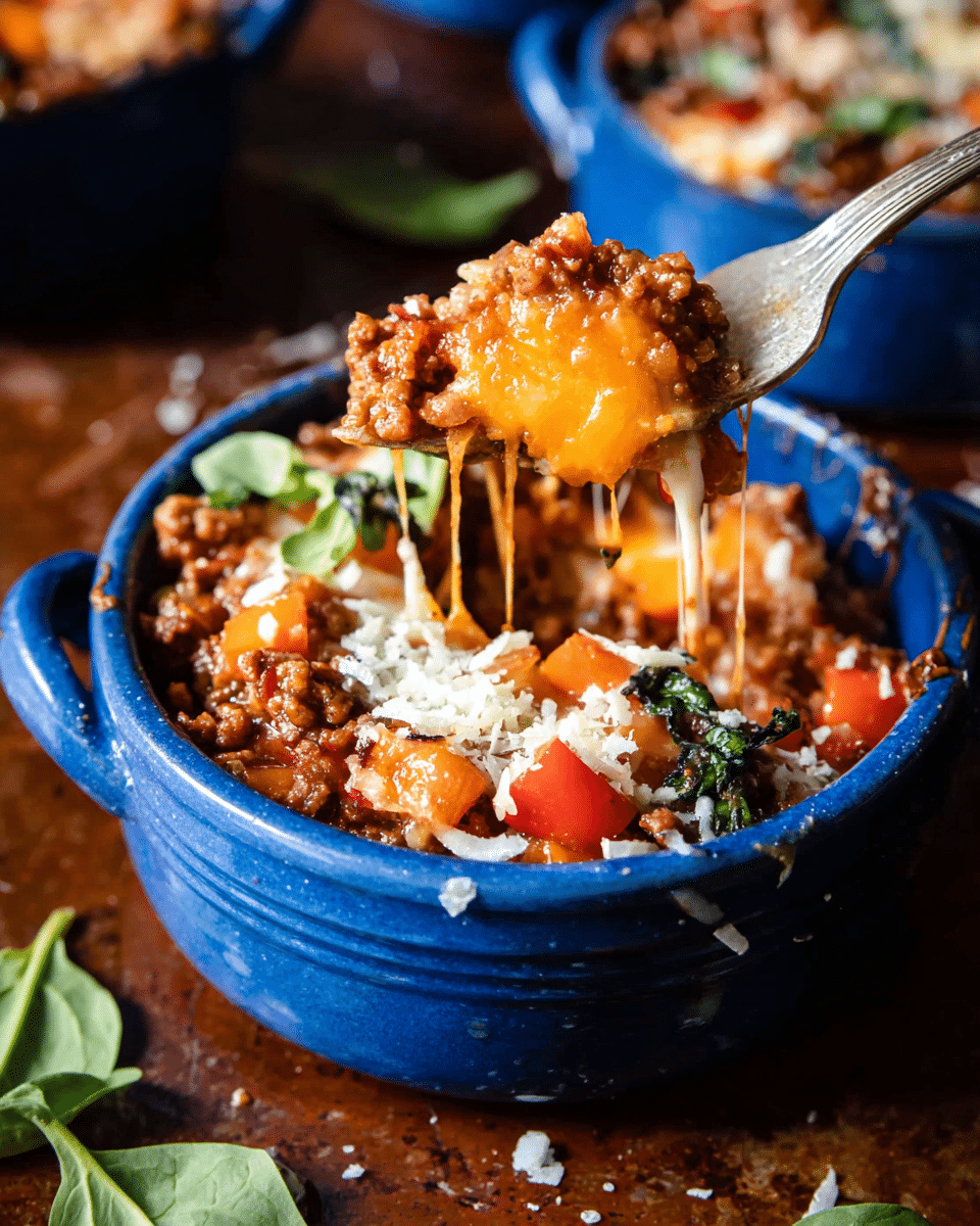Four small blue ceramic bowls filled with a layered dish on a white marbled surface, each bowl showing three main layers: a base layer of melted cheese with a golden and slightly bubbly texture, topped with a thick layer of chunky tomato sauce mixed with browned ground meat, diced red bell peppers, and onions, and finished with a sprinkle of grated white cheese and fresh green basil leaves scattered on top. The bowls are arranged closely, some herbs and red pepper flakes scattered around them along with small green leafy garnishes. Photo taken with an iphone --ar 4:5 --v 7