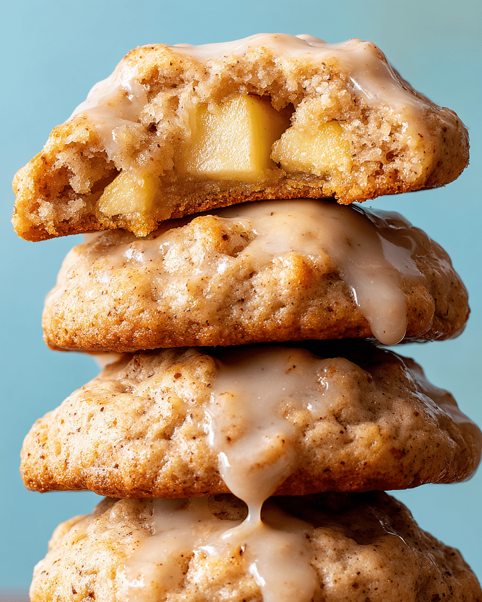 A close-up of a stack of soft, thick cookies with a shiny, light brown glaze dripping down the rough edges. The top cookie is broken in half, showing a soft, moist inside with visible pieces of light yellow apple embedded in the spongy beige dough. The cookies have a golden-brown bottom crust with slightly darker specks, and the glaze lightly coats the top and drips down the sides. The background is a smooth light blue, and the image is closely focused to highlight the texture and layers of the cookies. photo taken with an iphone --ar 4:5 --v 7