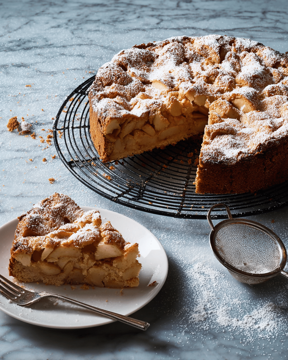 The image shows a tall, round apple cake on a black cooling rack over a white marbled surface, with a slice cut out and placed on a white plate nearby. The cake has a golden-brown crust with a textured, bumpy top layer dusted with powdered sugar. Inside, the cake is light brown with many pieces of soft, cooked apple embedded within. The plate with the slice is next to a silver fork and a metal sieve filled with powdered sugar, which also dusts the surface beneath. The overall look is warm and inviting, with the cake's soft, moist inside contrasting with the crisp outer layer. Photo taken with an iphone --ar 4:5 --v 7