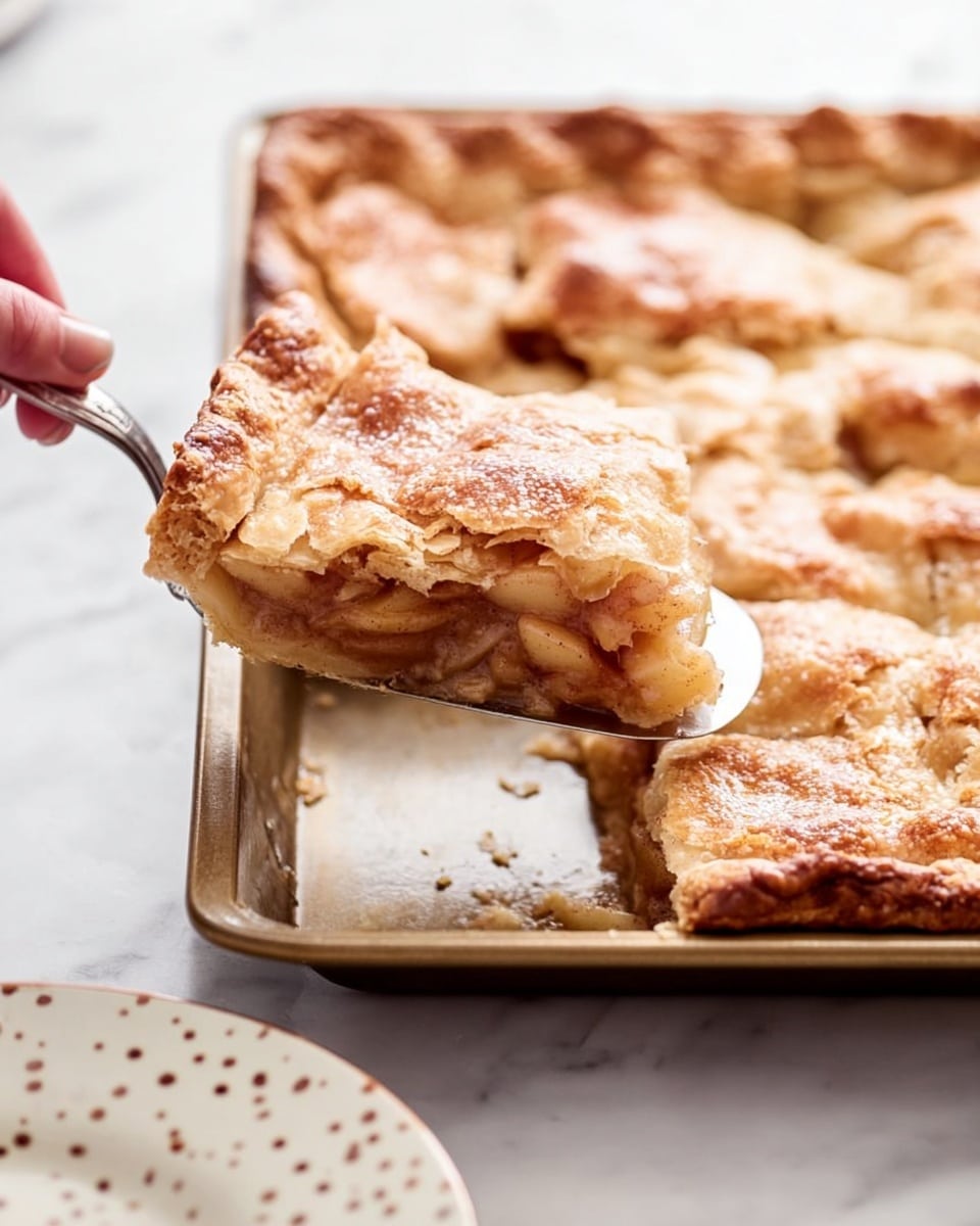 A close-up image shows a golden brown apple pie being lifted from a rectangular metal baking tray by a woman’s hand holding a silver pie server. The pie has a flaky, slightly uneven top crust with a crispy texture. Inside, the filling is soft and light brown, visible through the edge of the pie slice. The tray sits on a white marbled surface, and in the lower right corner, there is the edge of a white plate with small brown dots. Photo taken with an iphone --ar 4:5 --v 7
