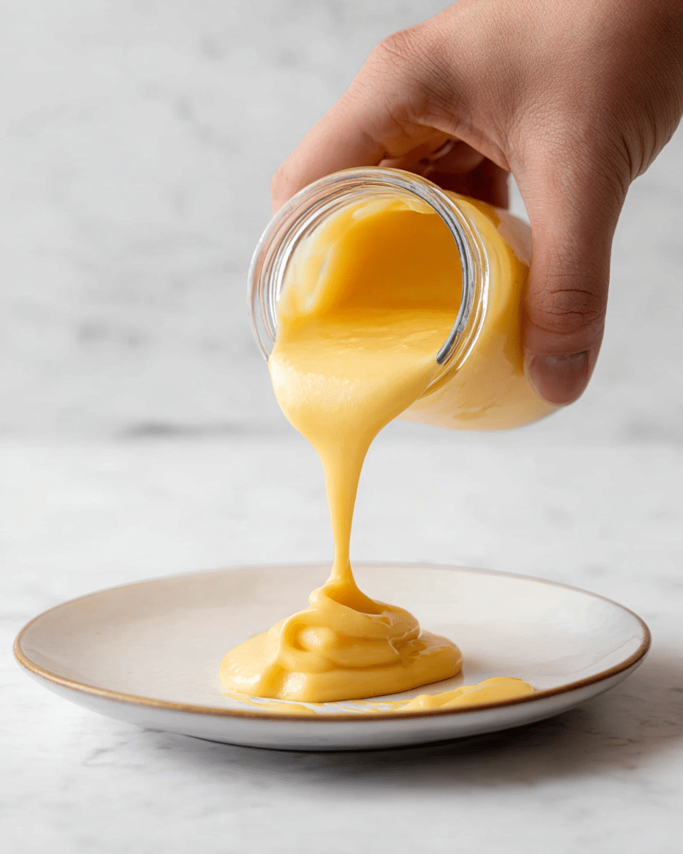 A woman's hand is pouring a thick, smooth, creamy sauce with a warm yellow-orange color from a small clear glass jar onto a white plate. The sauce flows in a slow stream and pools on the plate in a small mound with soft folds and a glossy texture. The background is a white marbled surface, giving a clean and bright look. Photo taken with an iphone --ar 4:5 --v 7