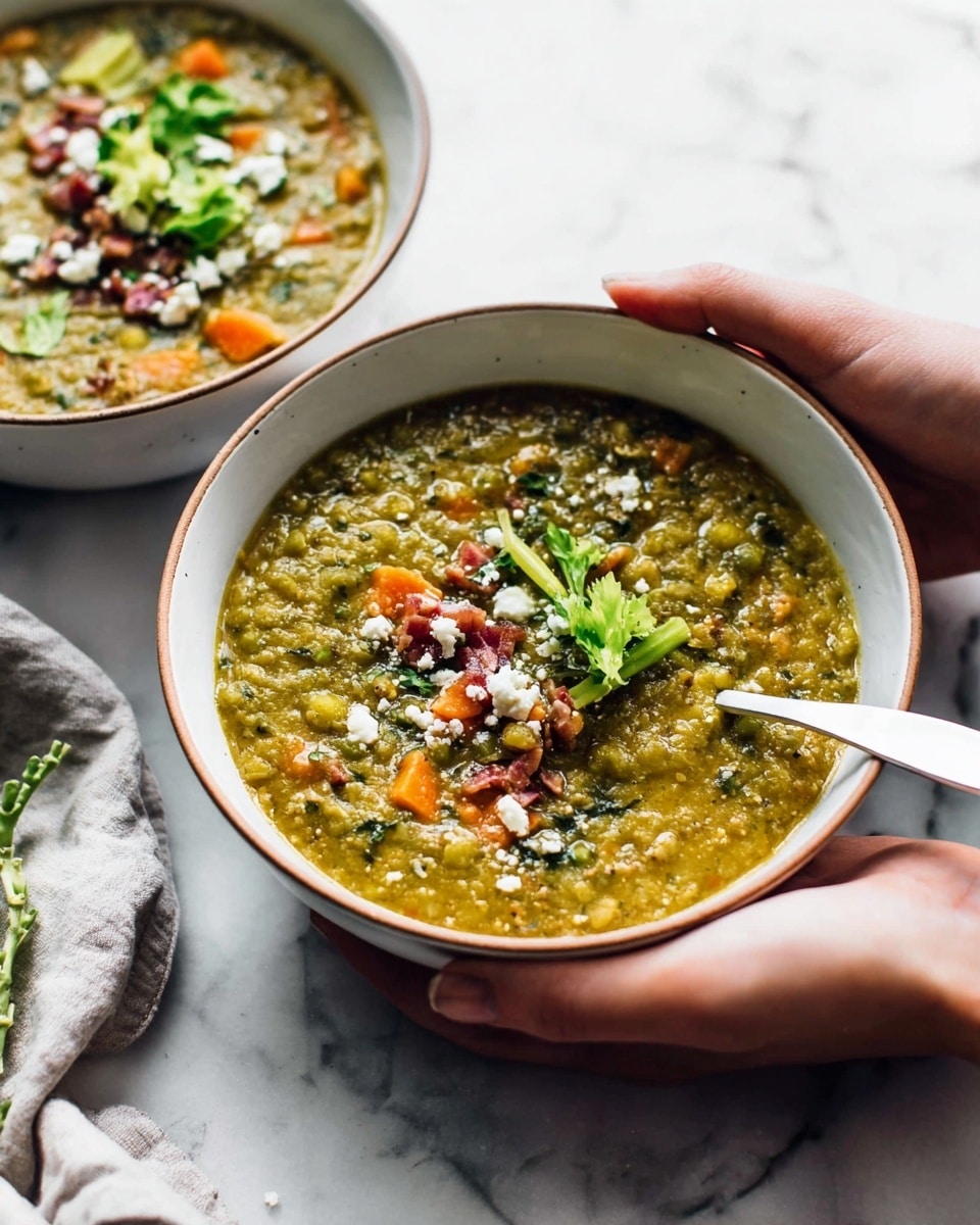 The image shows two bowls of thick green split pea soup with visible chunks of orange carrots and green herbs. The closer bowl is held by a woman's hand, with a white spoon resting inside the soup on the right side. The soup is topped with crumbled white cheese, small red meat pieces, and fresh green celery leaves, creating a colorful contrast. Both bowls are white with a thin brown rim, set on a white marbled surface. The background is softly lit giving a fresh and cozy feeling. Photo taken with an iphone --ar 4:5 --v 7