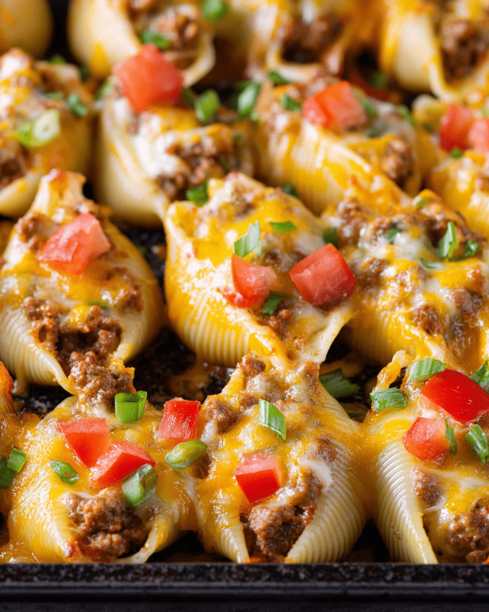 A close-up view of baked pasta shells filled with ground meat and topped with melted yellow and orange cheese, arranged in a dark baking tray. Each shell is garnished with bright red diced tomatoes and small green chopped spring onions, creating a mix of colors. The pasta shells have a golden-brown texture from baking, with some slight browning on the cheese edges. The background is a white marbled texture. photo taken with an iphone --ar 4:5 --v 7