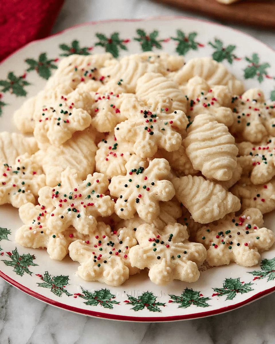 A plate filled with many small, cream-colored cookies shaped like snowflakes and pine cones, each cookie decorated with tiny red, green, and black sprinkles scattered lightly on top. The cookies have a soft texture with gentle ridges and patterns visible on their surface. The white plate features a green and red holly leaf pattern along its rim and is placed on a white marbled surface with a wooden texture partially visible. The overall look is festive and cozy. photo taken with an iphone --ar 4:5 --v 7