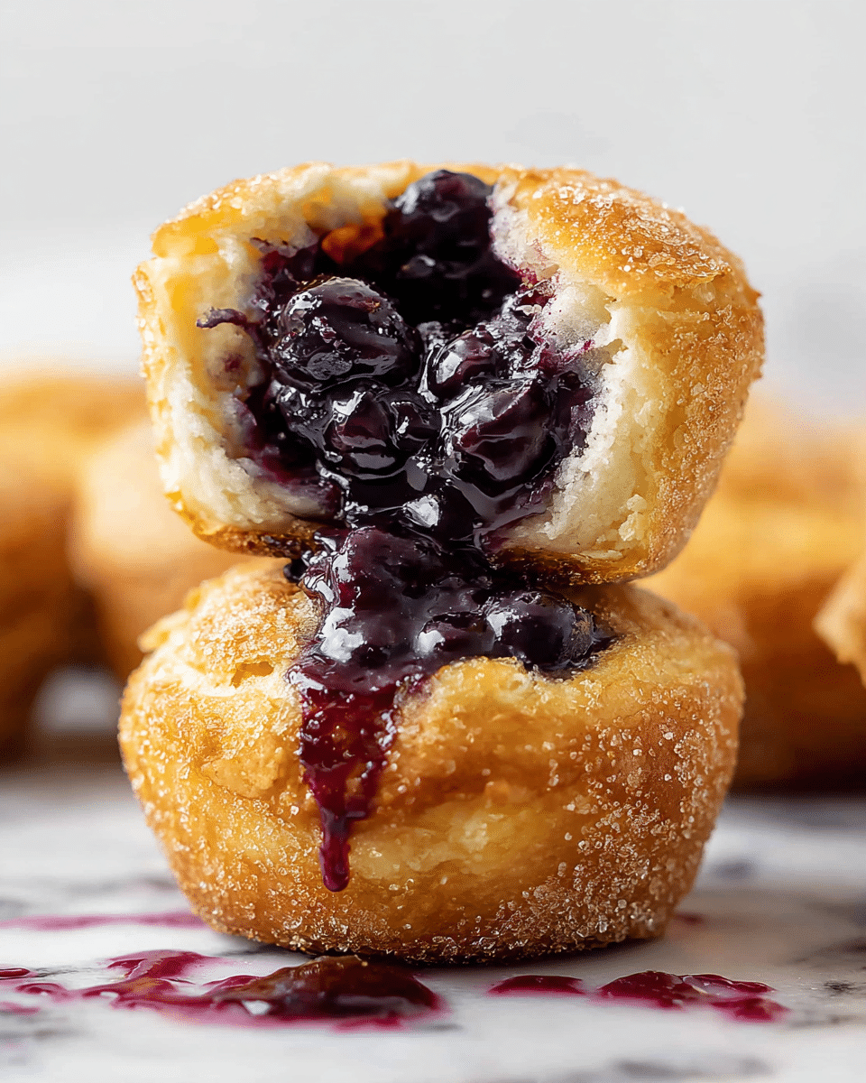 A white rectangular dish holds seven round, golden-brown fried pastries covered lightly with sugar. One pastry is broken open and placed on top, showing a shiny, deep purple berry jam inside with a soft, moist dough layer around it. The pastries have small dark purple spots from the berries baked inside. Next to the pastries is a small white bowl filled with thick, glossy dark purple berry jam. The dish sits on a white marbled surface. photo taken with an iphone --ar 4:5 --v 7