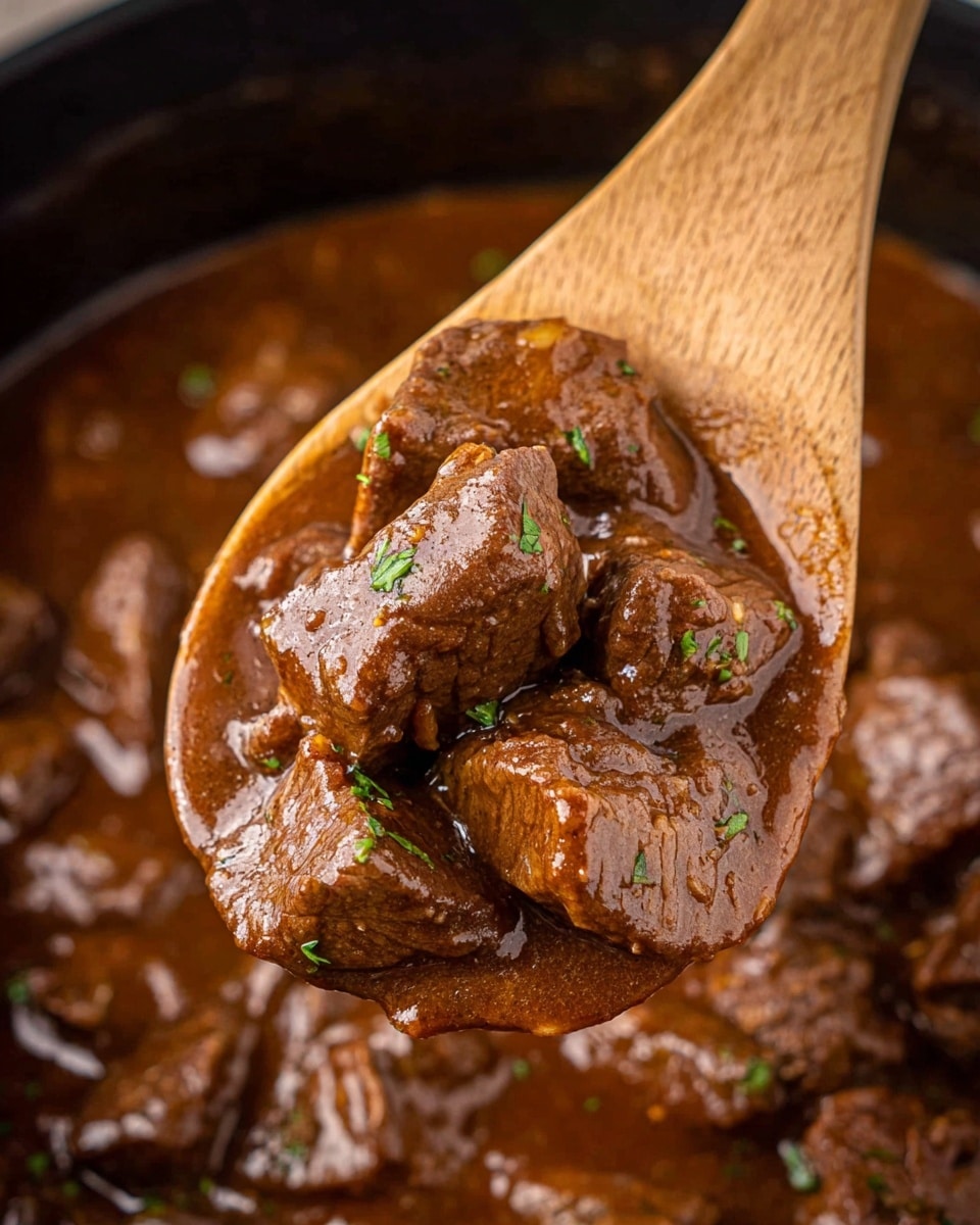 A close-up of a wooden spoon holding several pieces of tender, brown beef chunks covered in rich, glossy brown gravy with small green herb bits sprinkled on top. The spoon is lifting the beef from a pot filled with the same brown gravy and beef pieces, some visible in the blurry background. The texture of the beef looks soft and juicy, with the sauce thick and slightly shiny on the surface. The photo has a warm and hearty feeling. Photo taken with an iphone --ar 4:5 --v 7