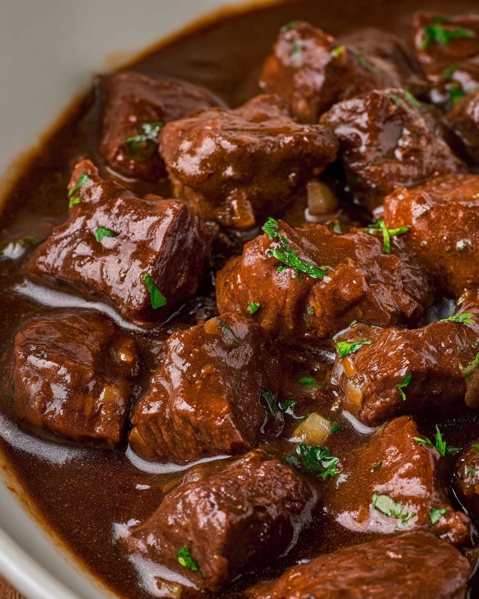 This close-up image shows a dish of richly cooked beef stew with chunks of tender brown meat covered in a thick, glossy dark brown sauce. Small bits of onions and fresh green herbs are sprinkled over the top, adding contrast and texture. The stew fills a white bowl, with juicy pieces of beef sitting immersed in the savory sauce, creating a warm and hearty look. The photo taken with an iphone --ar 4:5 --v 7