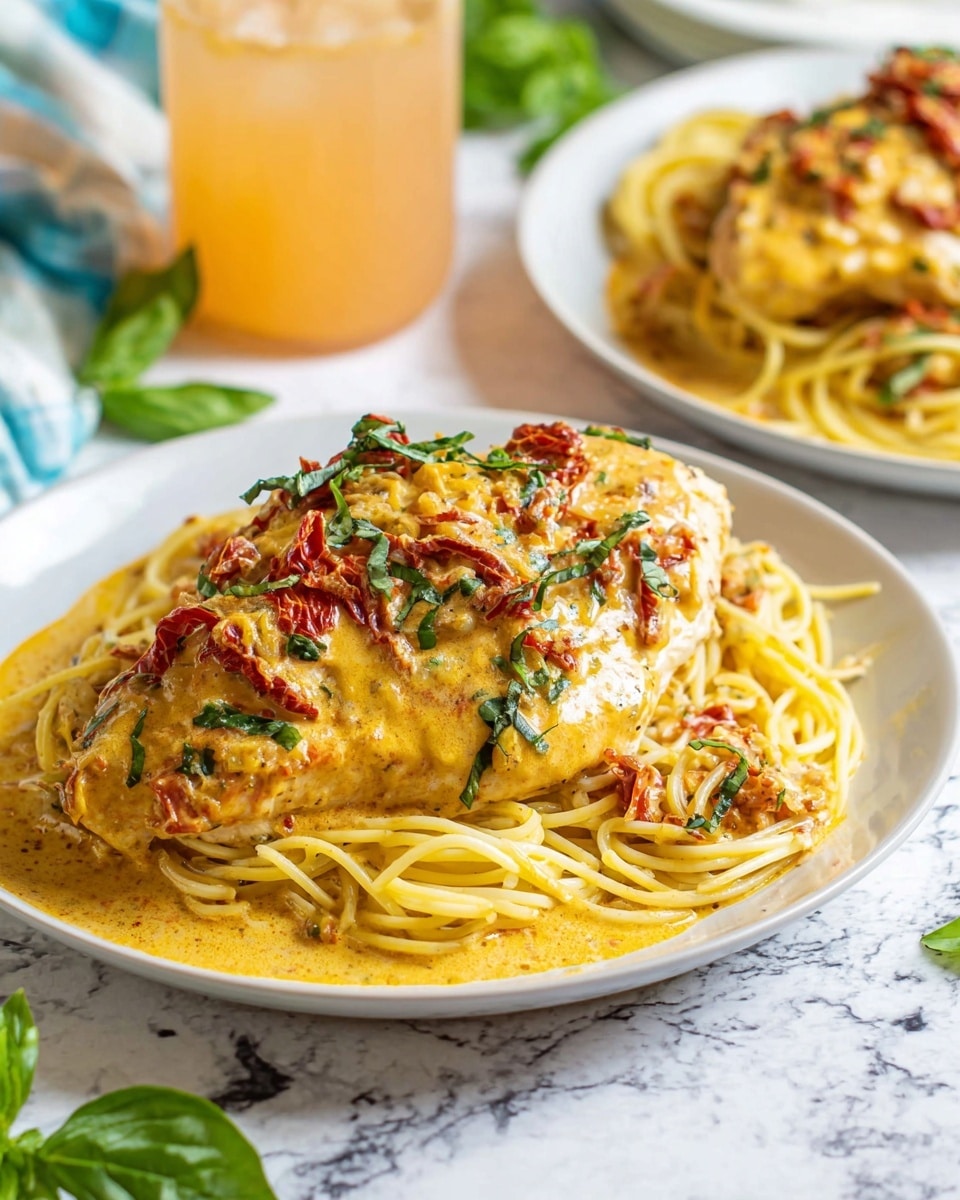 The image shows a white plate with a base layer of light yellow cooked spaghetti noodles neatly piled. On top of the noodles sits a thick piece of creamy golden-yellow chicken breast, covered in a sauce with visible pieces of red sun-dried tomatoes and small green basil leaves sprinkled over both the chicken and noodles. The sauce is rich and smooth, slightly glossy with some texture from the tomatoes. In the background, there is another plate with the same dish, a glass with a pale orange drink, a white marbled surface, and some scattered green basil leaves. photo taken with an iphone --ar 4:5 --v 7