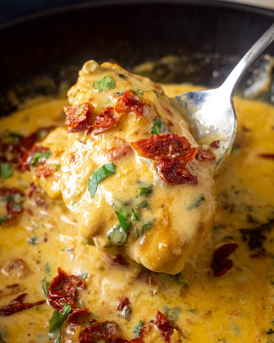 The image shows a creamy dish with a large piece of chicken covered in thick, yellowish-orange sauce that looks smooth and rich. The chicken is topped with small pieces of dried red tomatoes and bright green herbs, adding color contrast. The sauce pools around the chicken and has a slightly oily shine. A silver spoon lifts the chicken, showing the creamy sauce dripping slightly. The background is a dark pan filled with the same creamy sauce and sprinkled with more dried red tomatoes and bits of green herbs. photo taken with an iphone --ar 4:5 --v 7