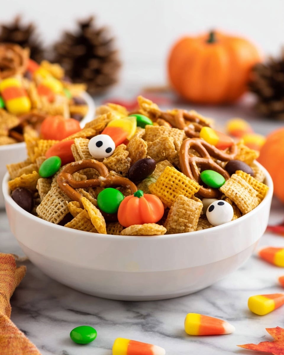 The image shows a white bowl filled with a colorful snack mix that has several layers and textures. The base layer contains light brown, square-shaped cereal pieces and ridged, curly, yellowish corn curls. Mixed in are small brown pretzel sticks adding a crunchy texture. Spread on top are bright candy-coated chocolates in green, yellow, and chocolate brown colors, along with orange and yellow candy corn pieces. A small orange candy pumpkin and some white candy eyeballs add festive autumn details. The bowl sits on a white marbled surface with a soft-focus background that includes pine cones and a small orange pumpkin. photo taken with an iphone --ar 4:5 --v 7
